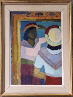 Mid-Century Modern Vintage Swedish Portrait Oil Painting - Lady in the Mirror