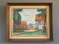 Mid Century Modern Vintage Swedish Town Landscape Oil Painting - Red Roofs