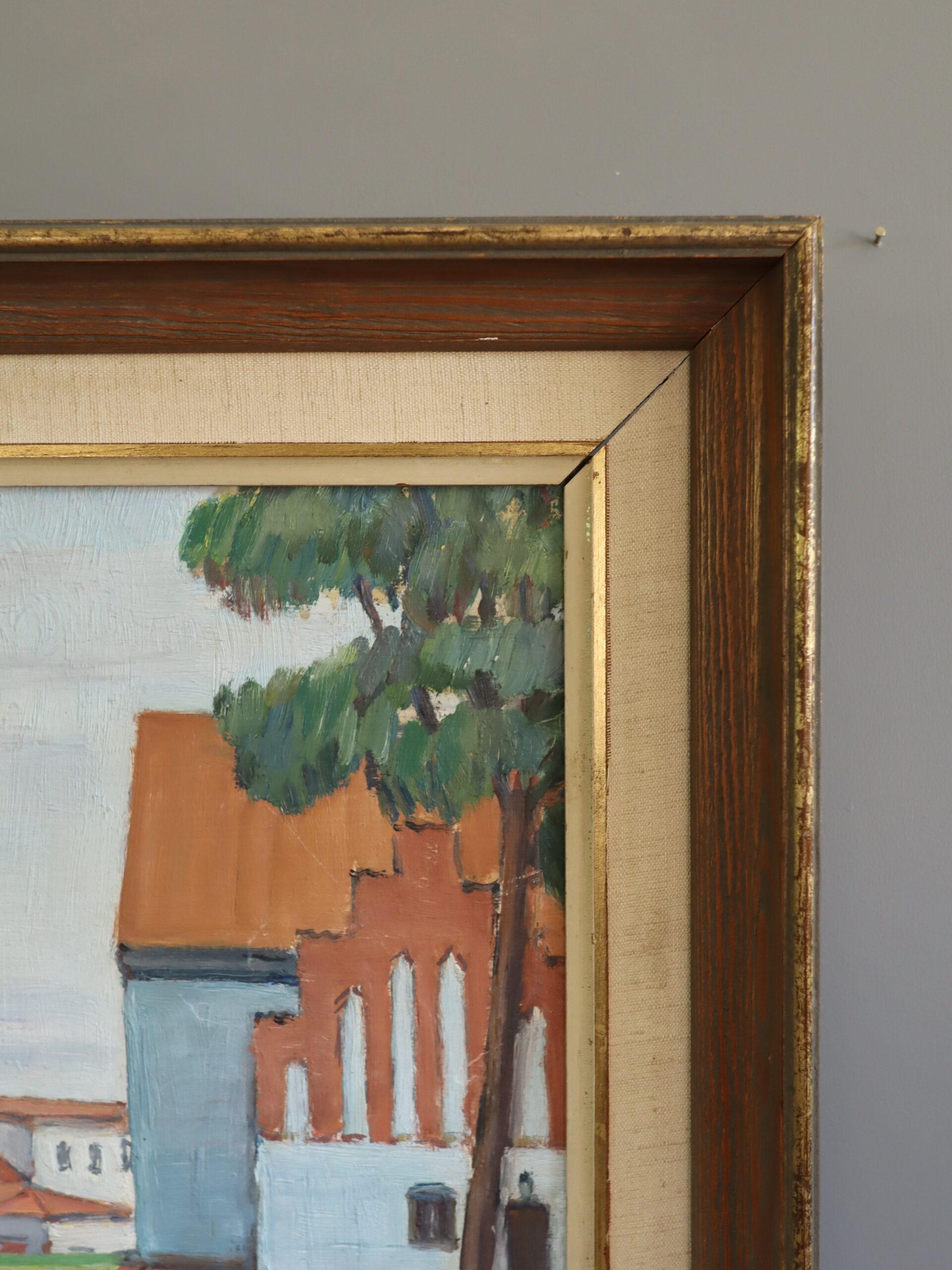 Peinture à l'huile suédoise vintage mi-siècle moderne - Coqs rouges en vente 2