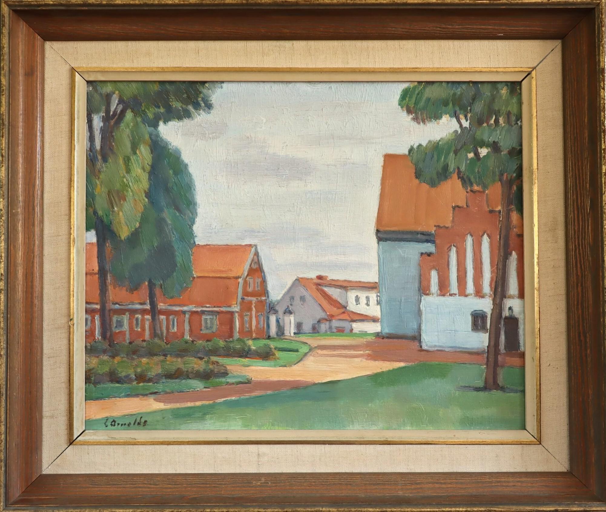 Landscape Painting Unknown - Peinture à l'huile suédoise vintage mi-siècle moderne - Coqs rouges