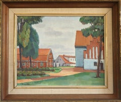 Pintura al óleo de paisaje urbano sueco de mediados del siglo XX - Tejados rojos