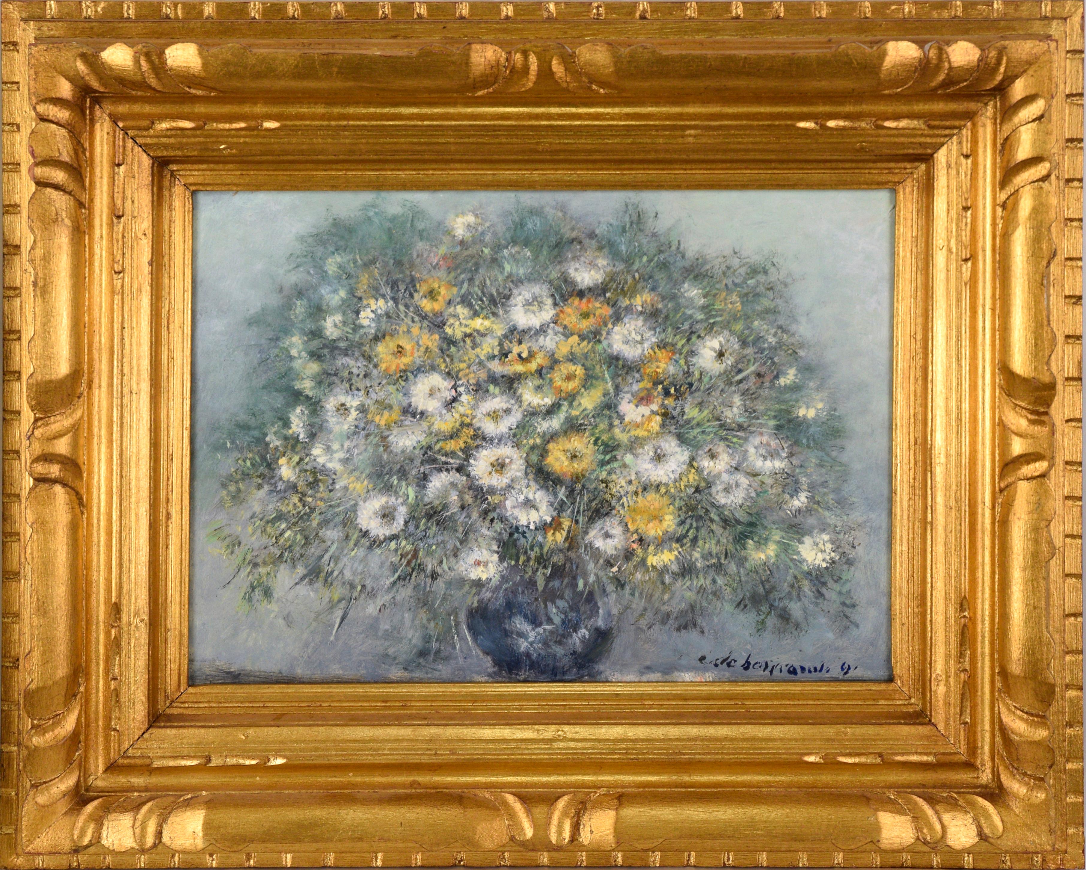 Unknown Still-Life Painting - Mid Century Modern White and Yellow Daisies Still Life - Oil on Canvas