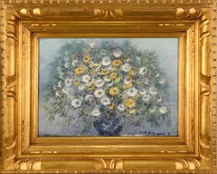 Mid Century Modern White and Yellow Daisies Still Life - Oil on Canvas