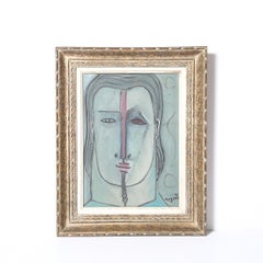 Portrait cubiste abstrait de style moderniste du milieu du siècle, à l'huile sur toile, signé « Augusti »