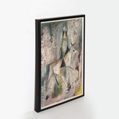 Mid-Century Modernist Abstract Figure Oil on Paper Painting signed Hans Jaenisch