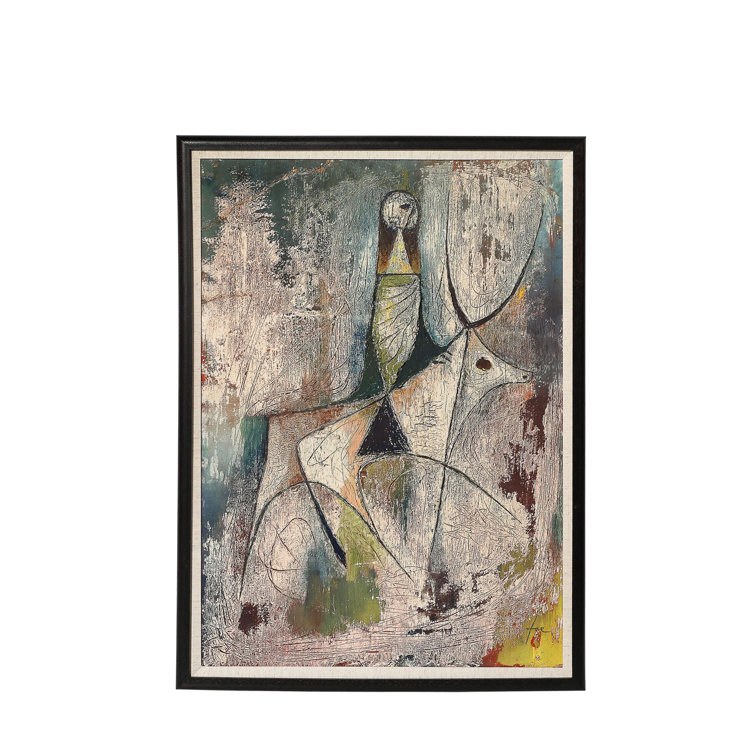 Figura abstracta modernista de mediados de siglo Pintura al óleo sobre papel firmada Hans Jaenisch
