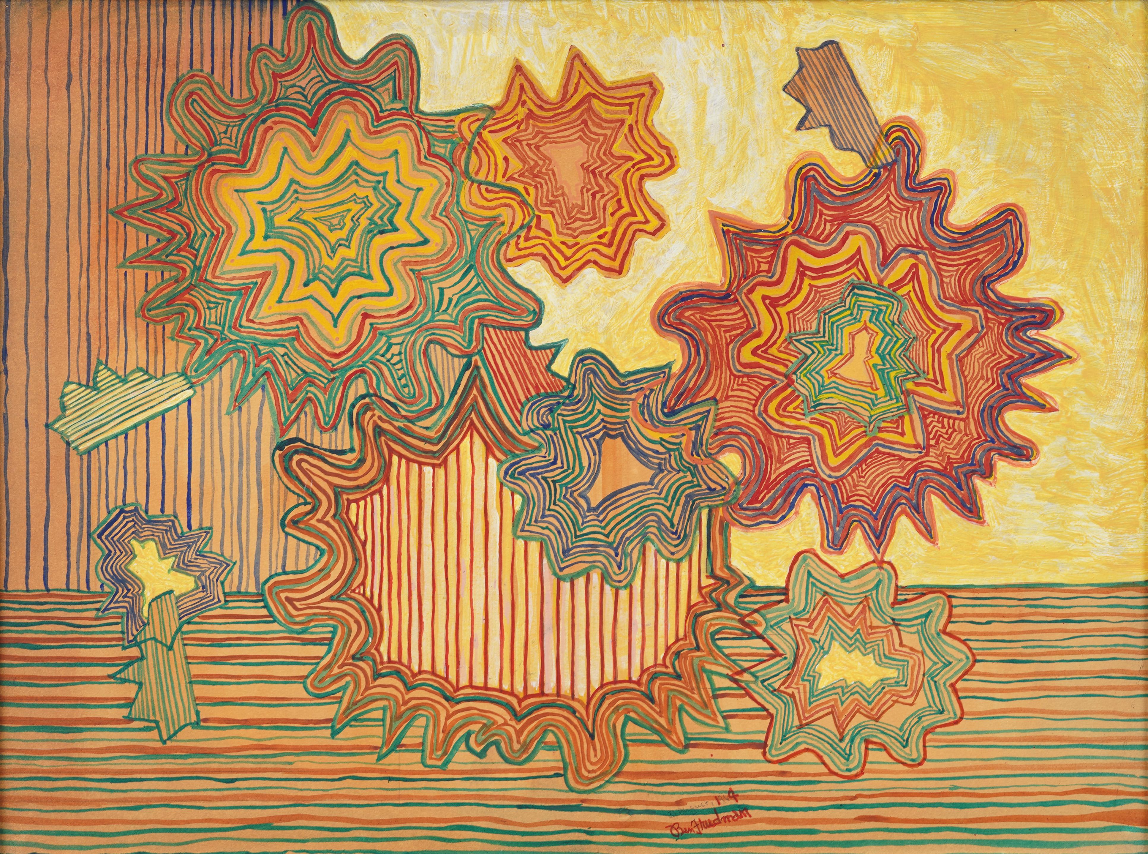 Pittura ad olio surreale con cornice di fiori della metà del secolo scorso, Modernista Americana - Painting Moderno di Unknown