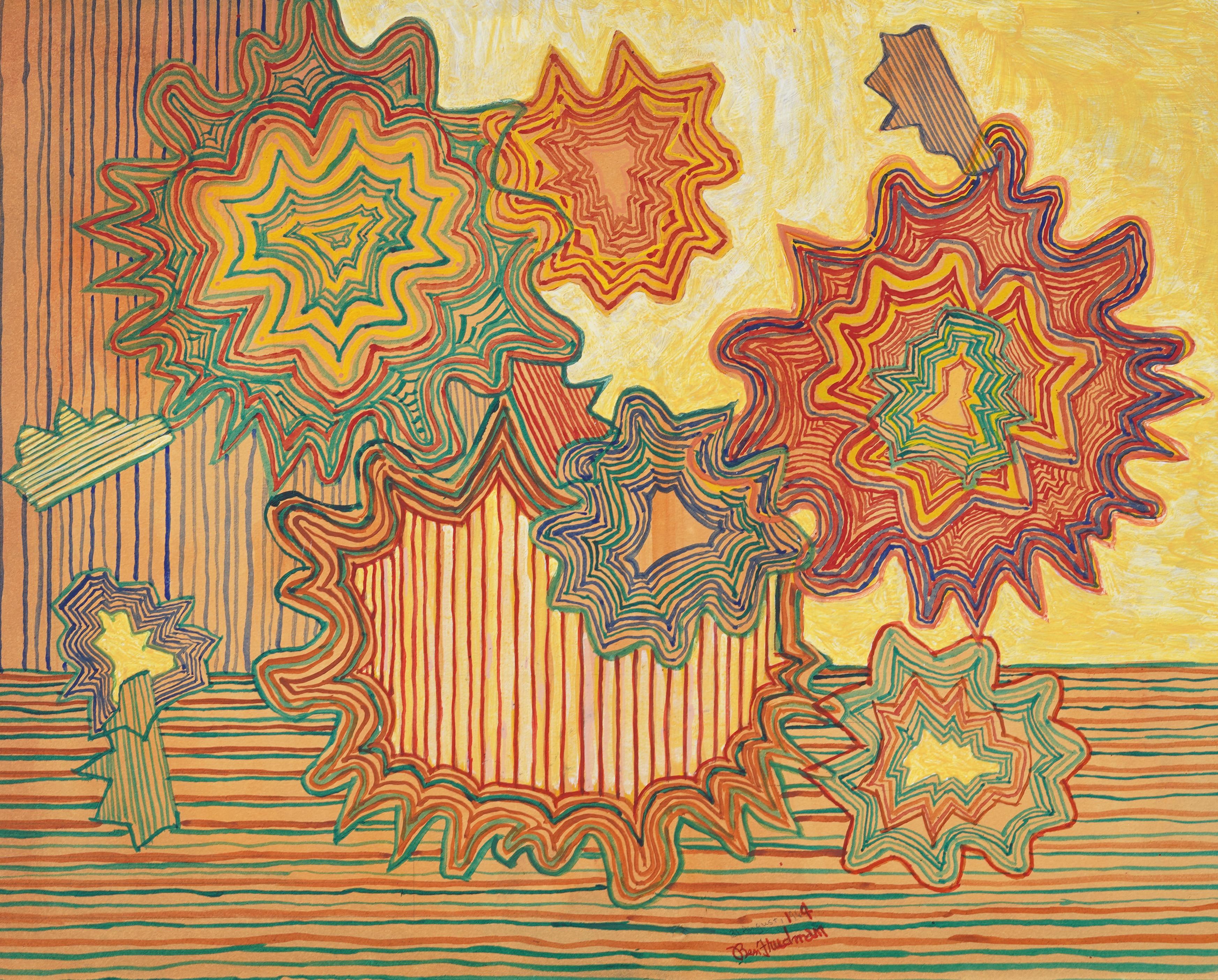 Pittura ad olio surreale con cornice di fiori della metà del secolo scorso, Modernista Americana - Still-Life Painting Marrone di Unknown