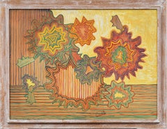 Pittura ad olio surreale con cornice di fiori della metà del secolo scorso, Modernista Americana
