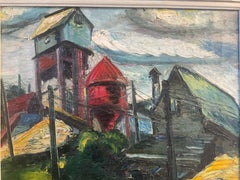 Mid Century Modernist American Industrial Landscape Oil Painting - Expressionist
