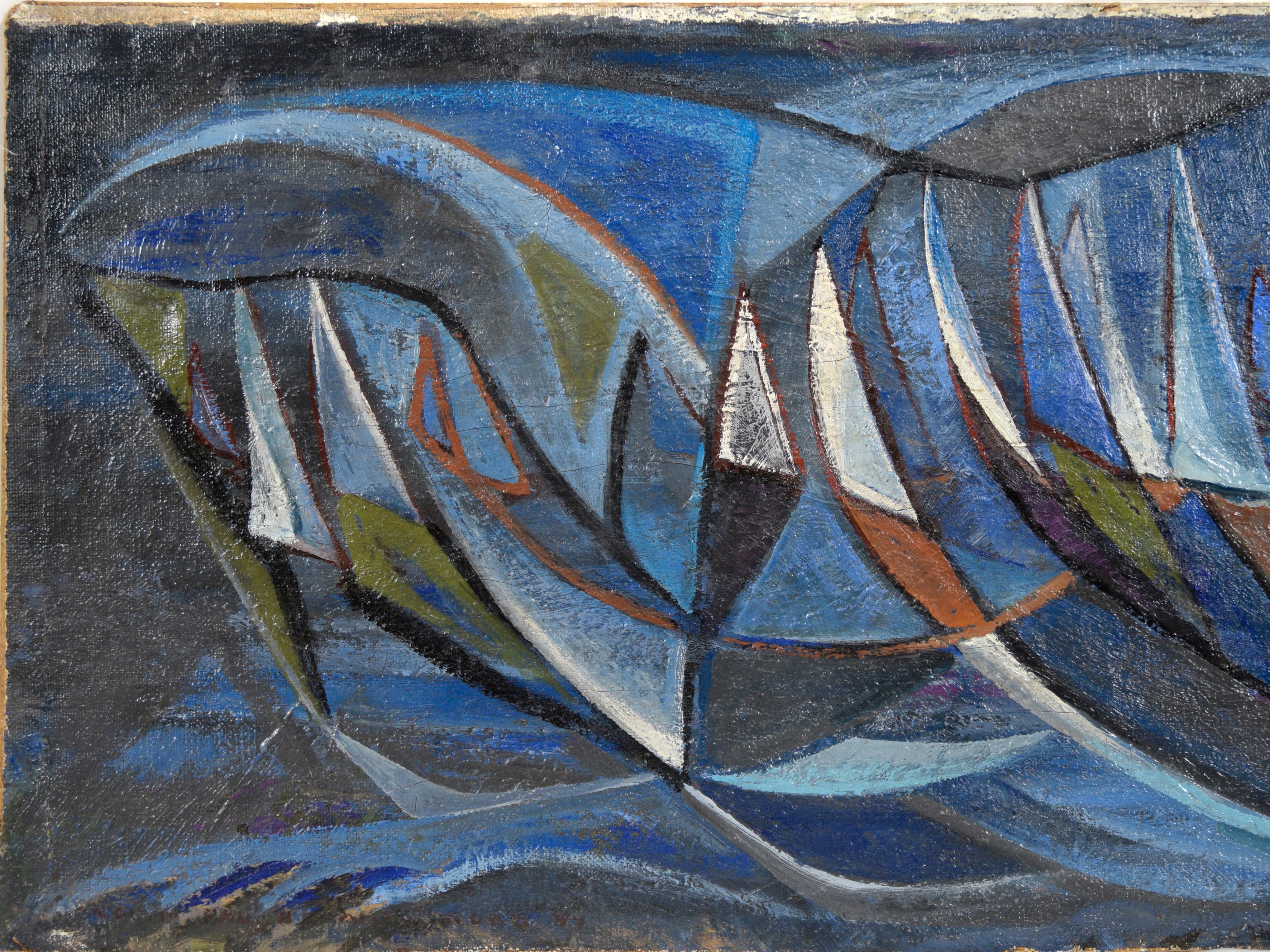 Mid Century Modernist Geometric Sailboat Abstraktes Ölgemälde – Painting von Unknown