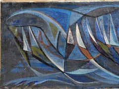 Mid Century Modernist Geometric Sailboat Abstract Oil Painting