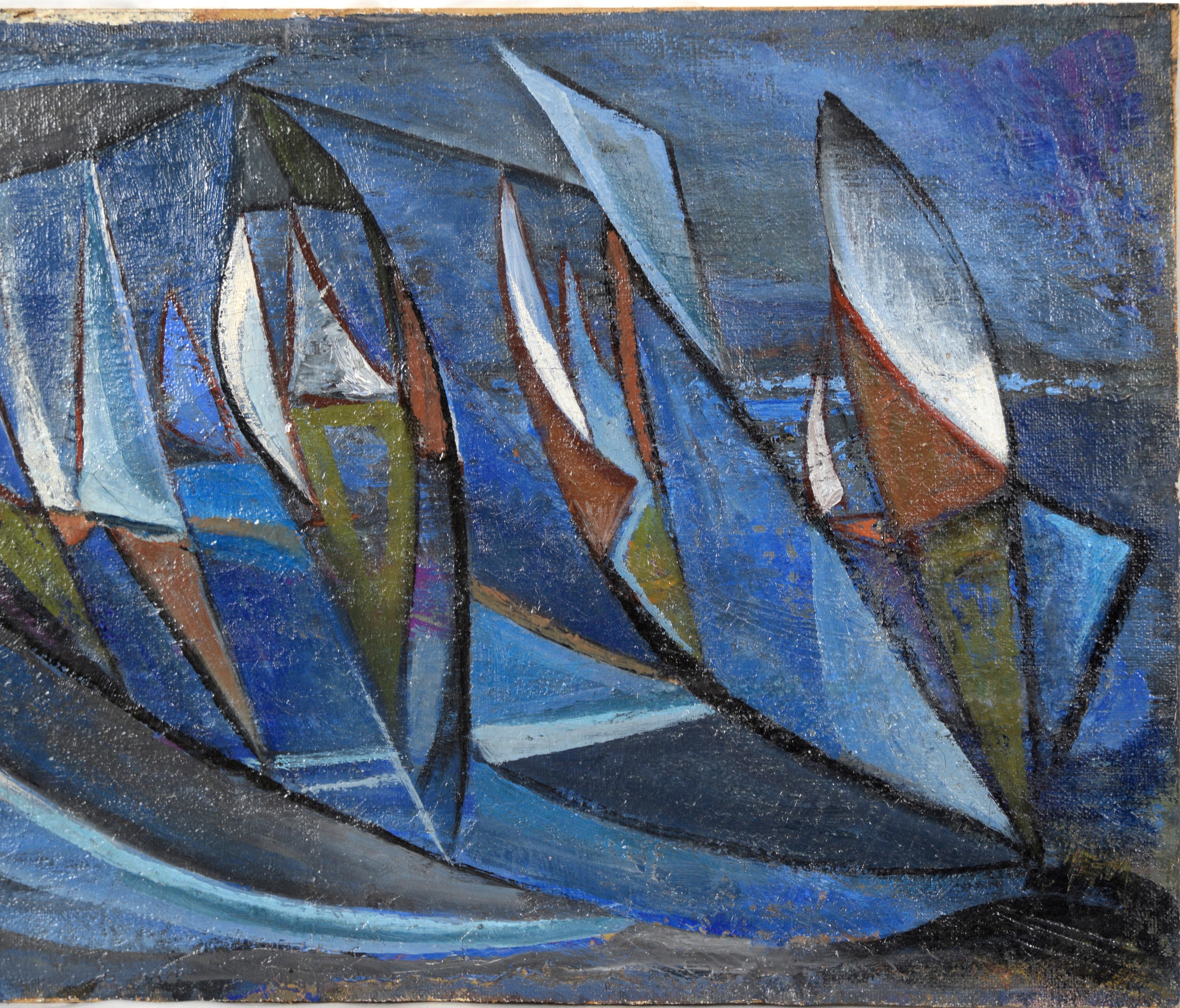 Mid Century Modernist Geometric Sailboat Abstraktes Ölgemälde (Moderne), Painting, von Unknown