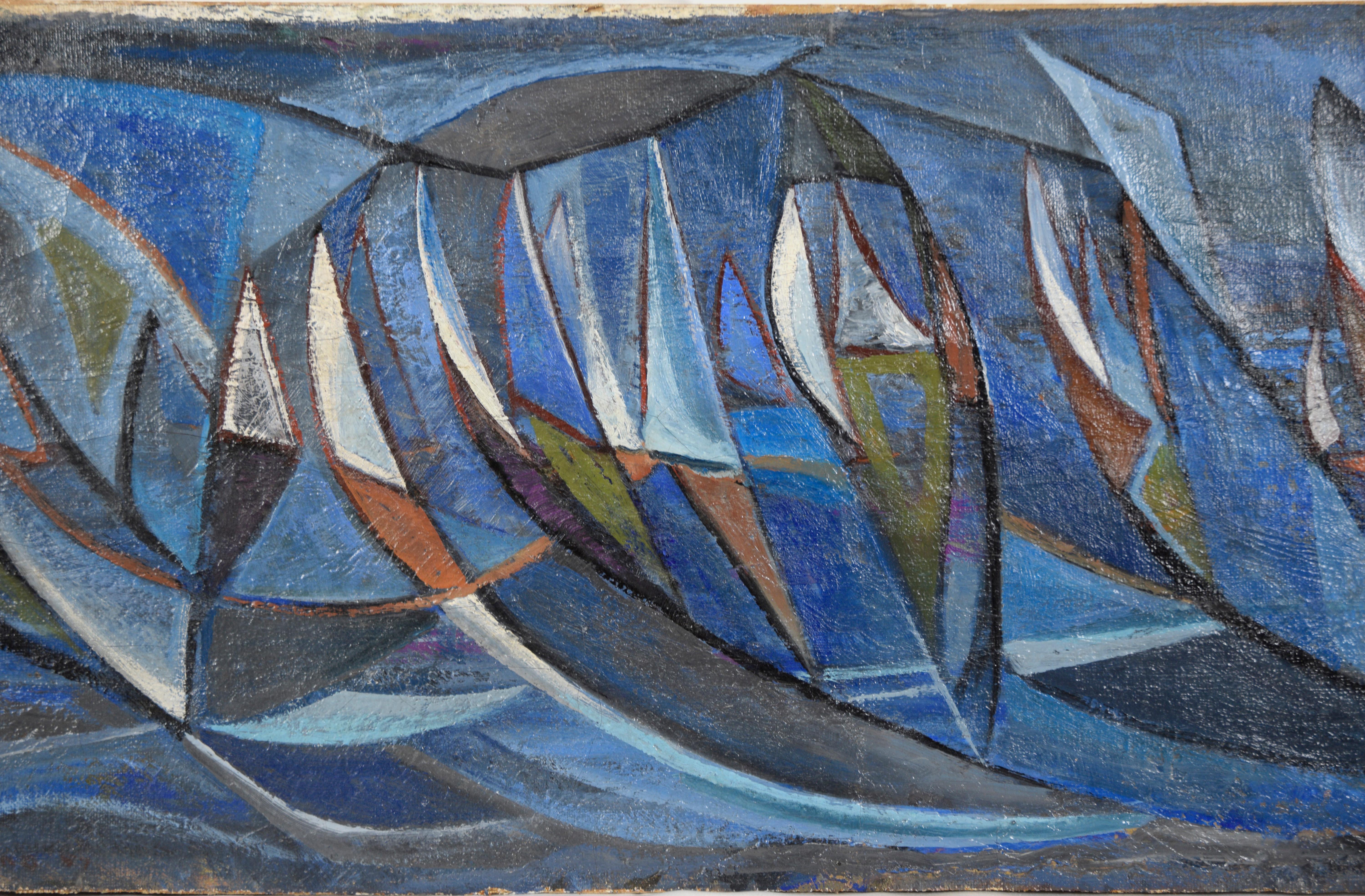 Mid Century Modernist Geometric Sailboat Abstraktes Ölgemälde (Braun), Abstract Painting, von Unknown