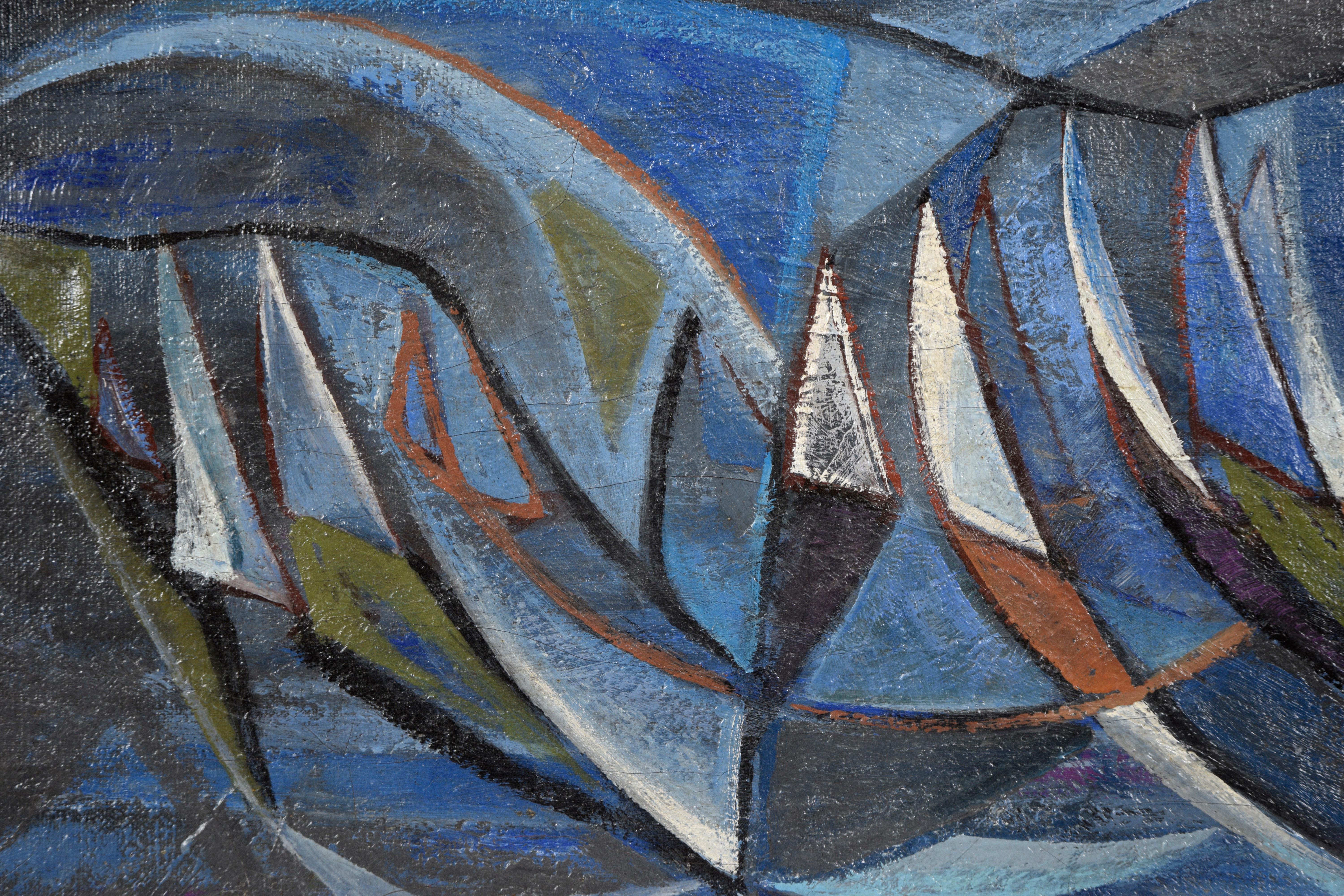 Mid Century Modernist Segelboot Geometrische abstrakte Ölgemälde

Dieses dynamische Stück aus der Mitte des Jahrhunderts zeichnet sich durch eine kühne Geometrie und einen starken Sinn für Bewegung aus. Weiße dreieckige Formen ziehen sich durch die