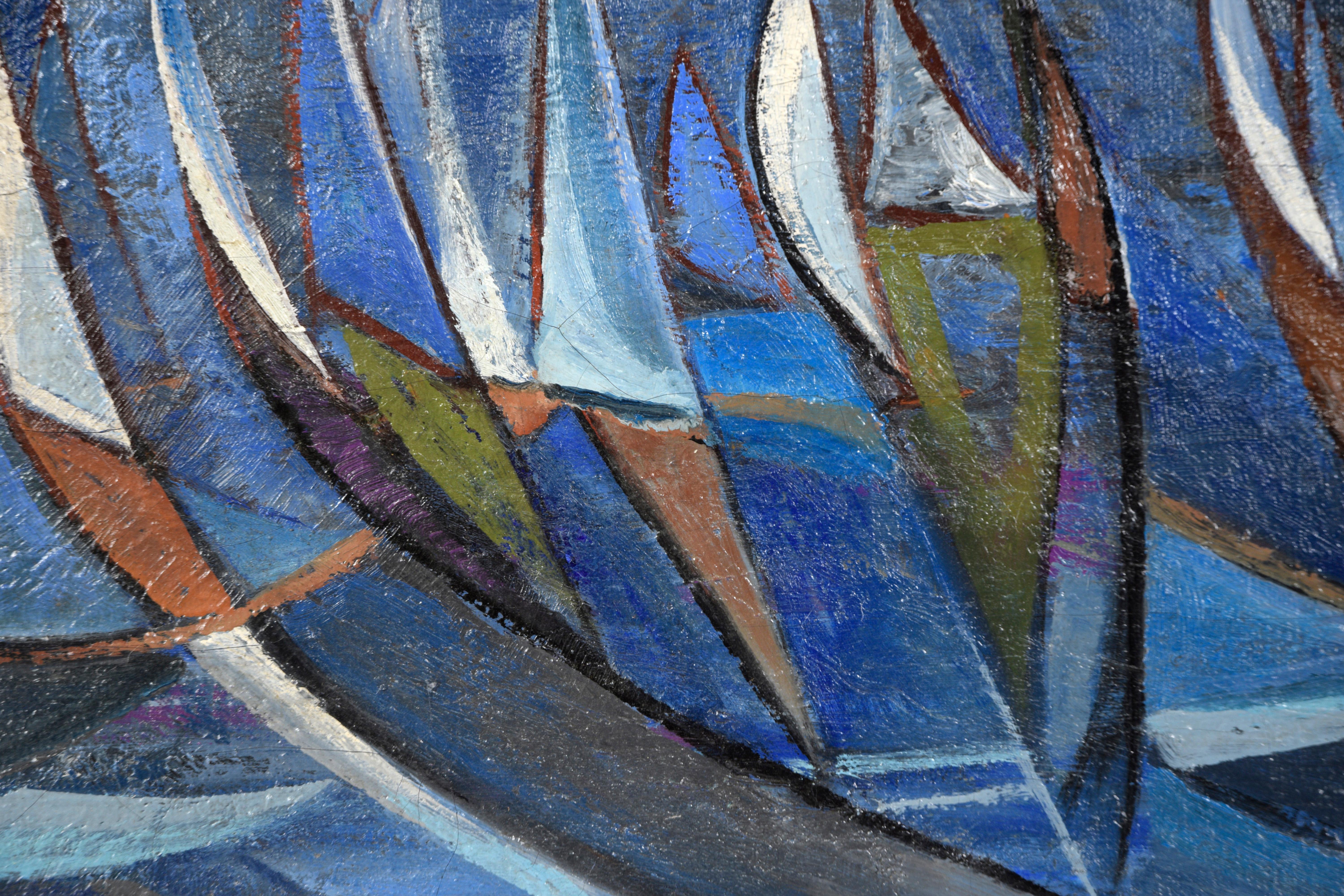 Mid Century Modernist Geometric Sailboat Abstraktes Ölgemälde im Angebot 1