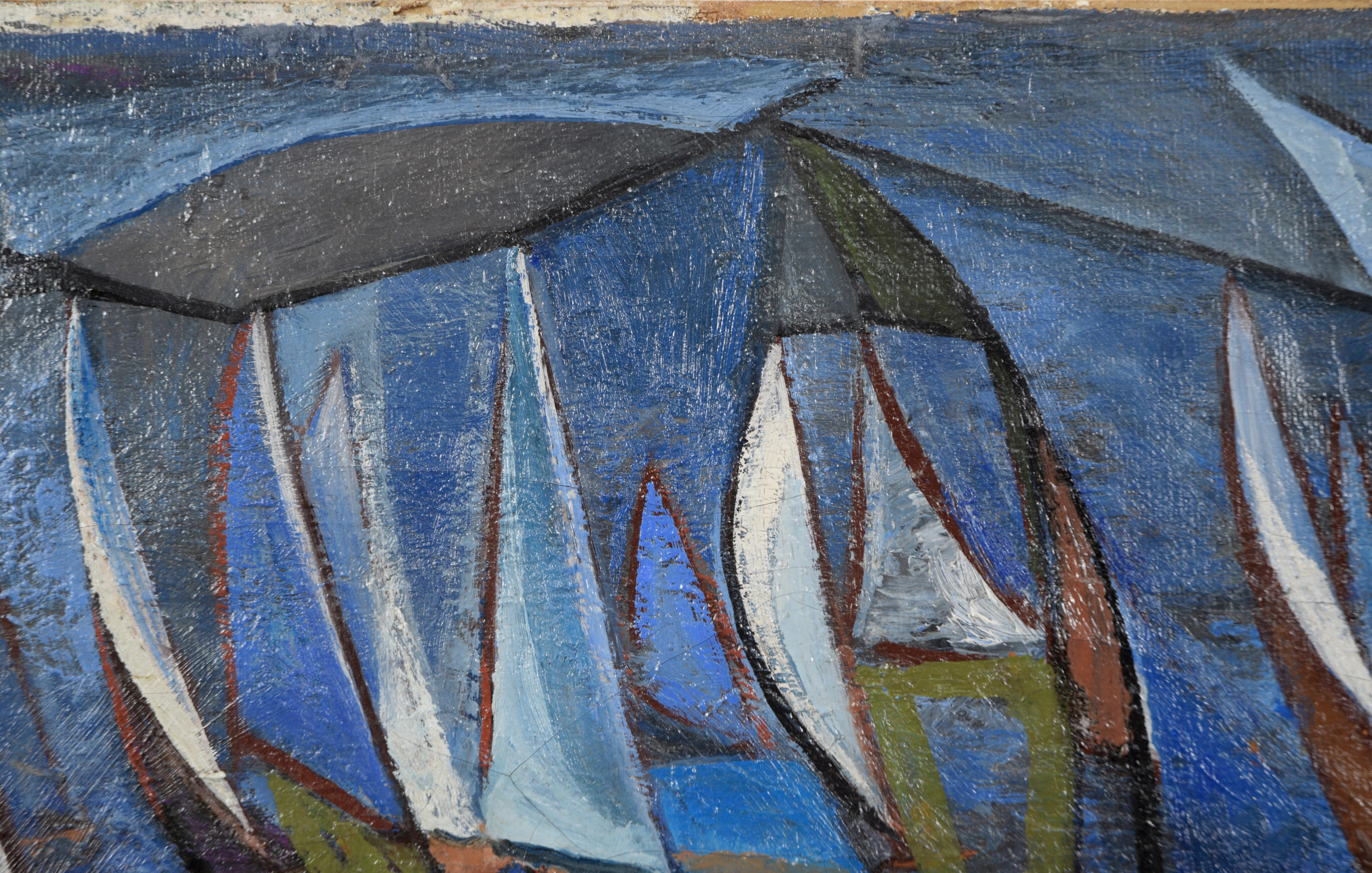 Mid Century Modernist Geometric Sailboat Abstraktes Ölgemälde im Angebot 2