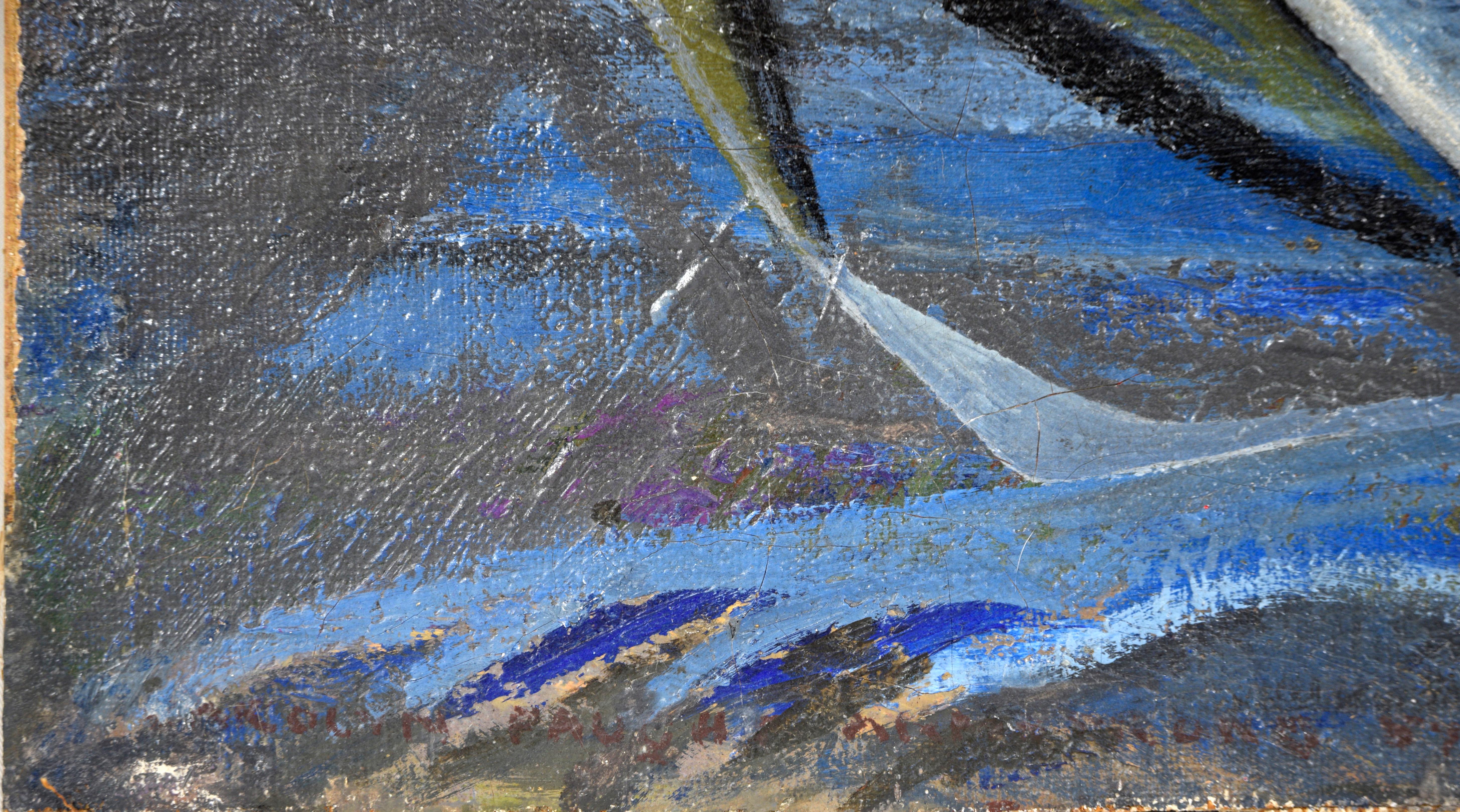 Mid Century Modernist Geometric Sailboat Abstraktes Ölgemälde im Angebot 3