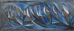 Mid Century Modernist Geometric Sailboat Abstract Oil Painting