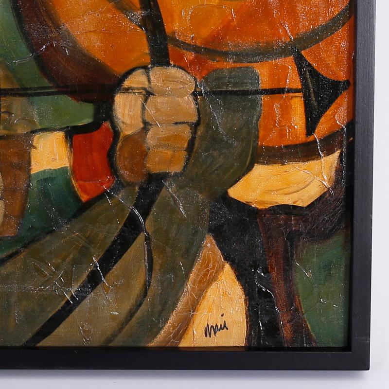 Mid-Century Modernist Oil Painting on Canvas of an Archer - Brown Abstract Painting by Unknown
