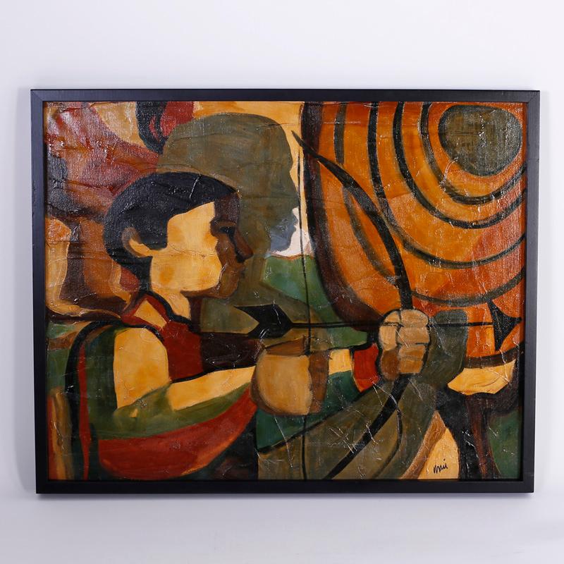 Unknown Abstract Painting - Mid-Century Modernist Oil Painting on Canvas of an Archer