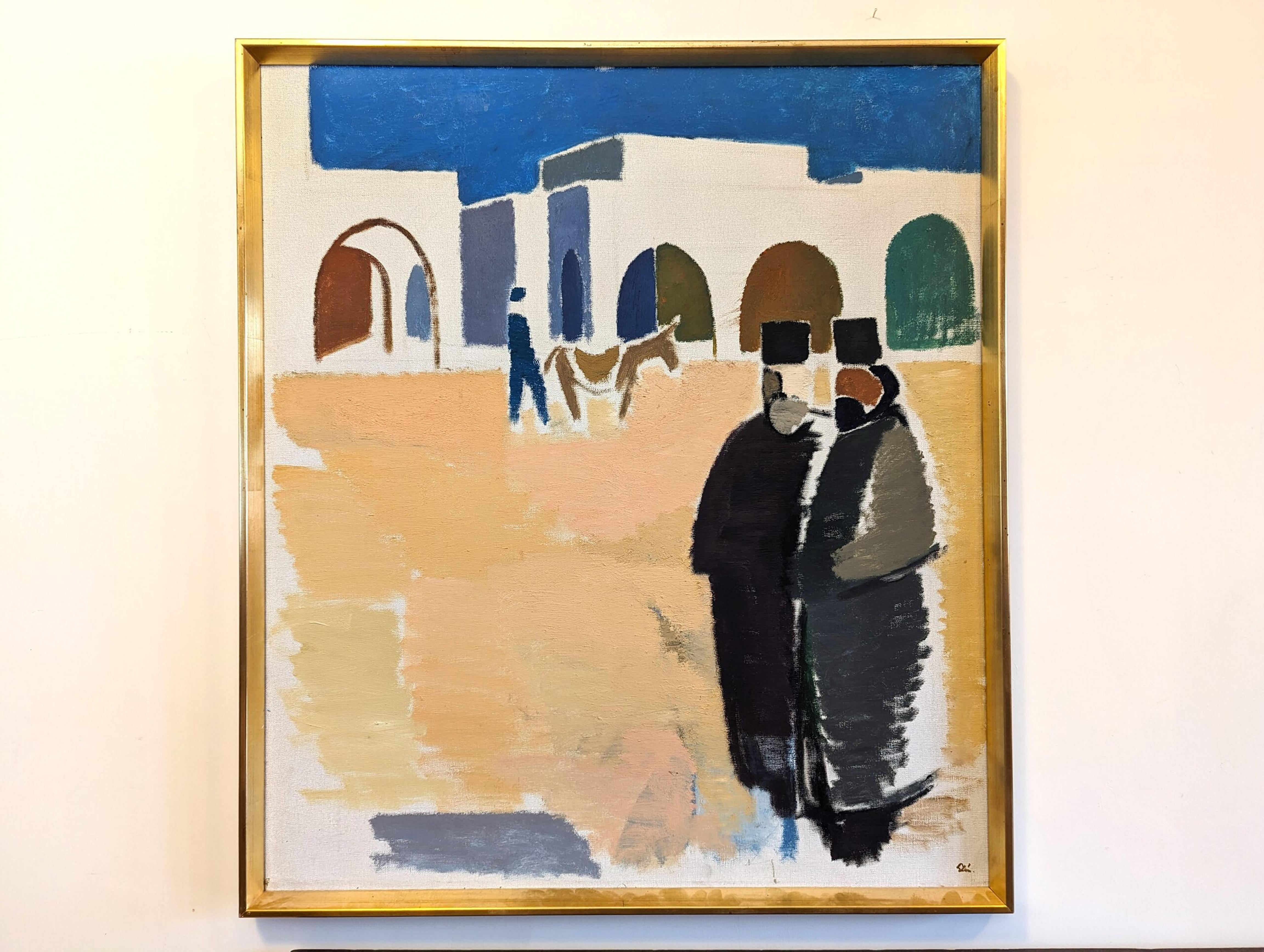 PRIESTS IN GREECE
Oil on Canvas
Size:  85 x 75 cm (including frame)

A large and striking mid-century modernist painting, executed in oil onto canvas.

The composition presents a charming street scene at Patmos in Greece. In the foreground, two