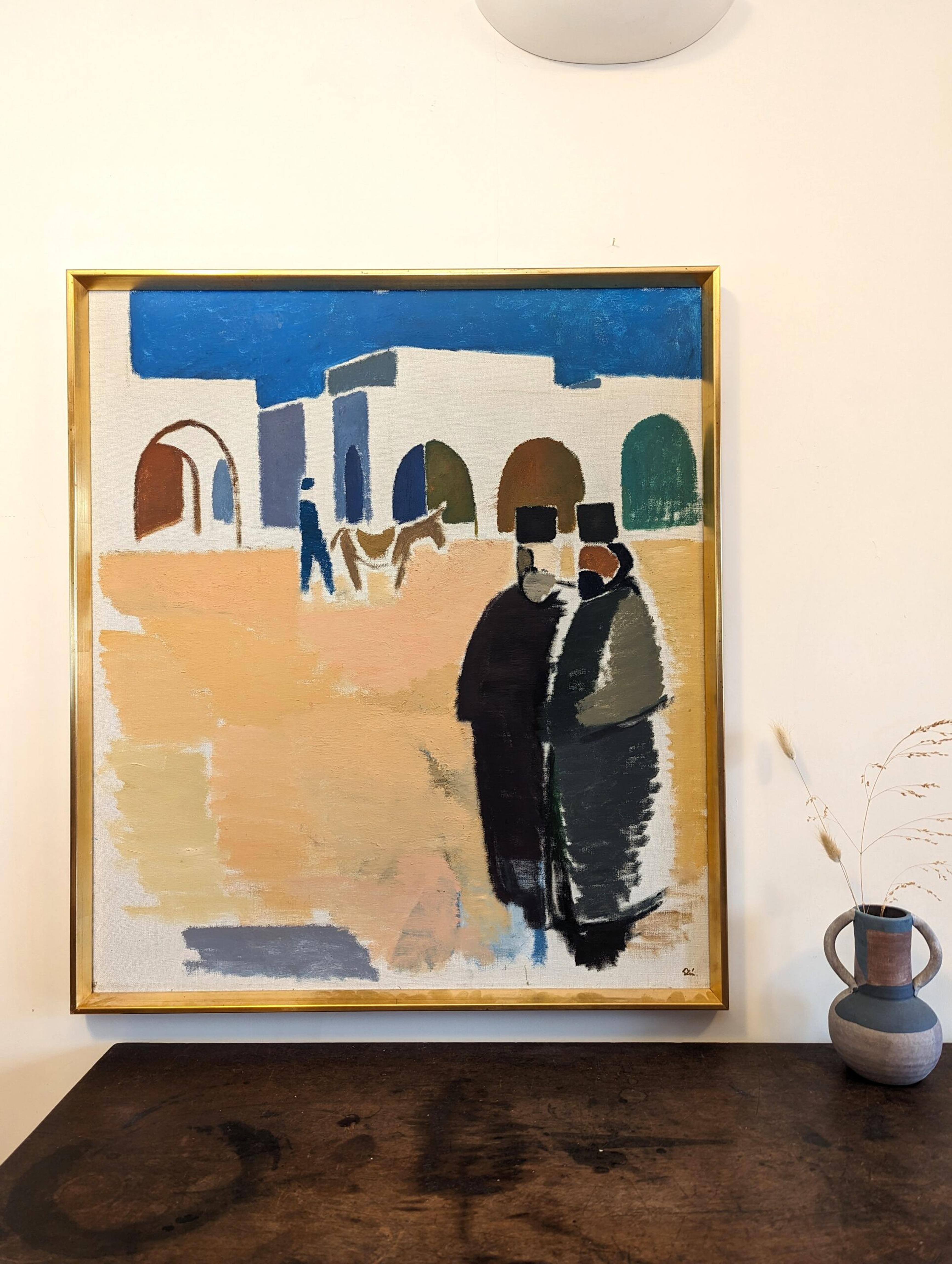 Mid-Century Modernist Street Scene Framed Oil Painting - Priests in Greece For Sale 1