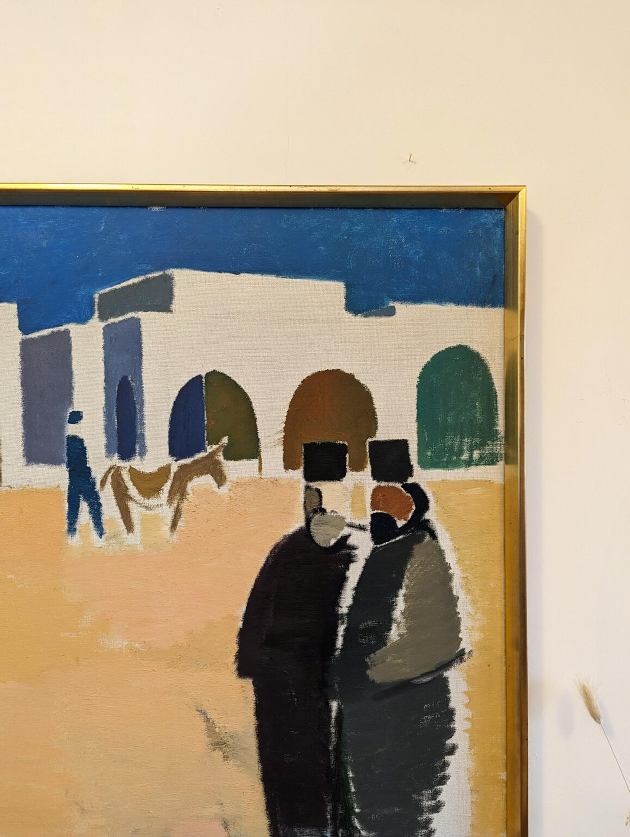 Mid-Century Modernist Street Scene Framed Oil Painting - Priests in Greece For Sale 5