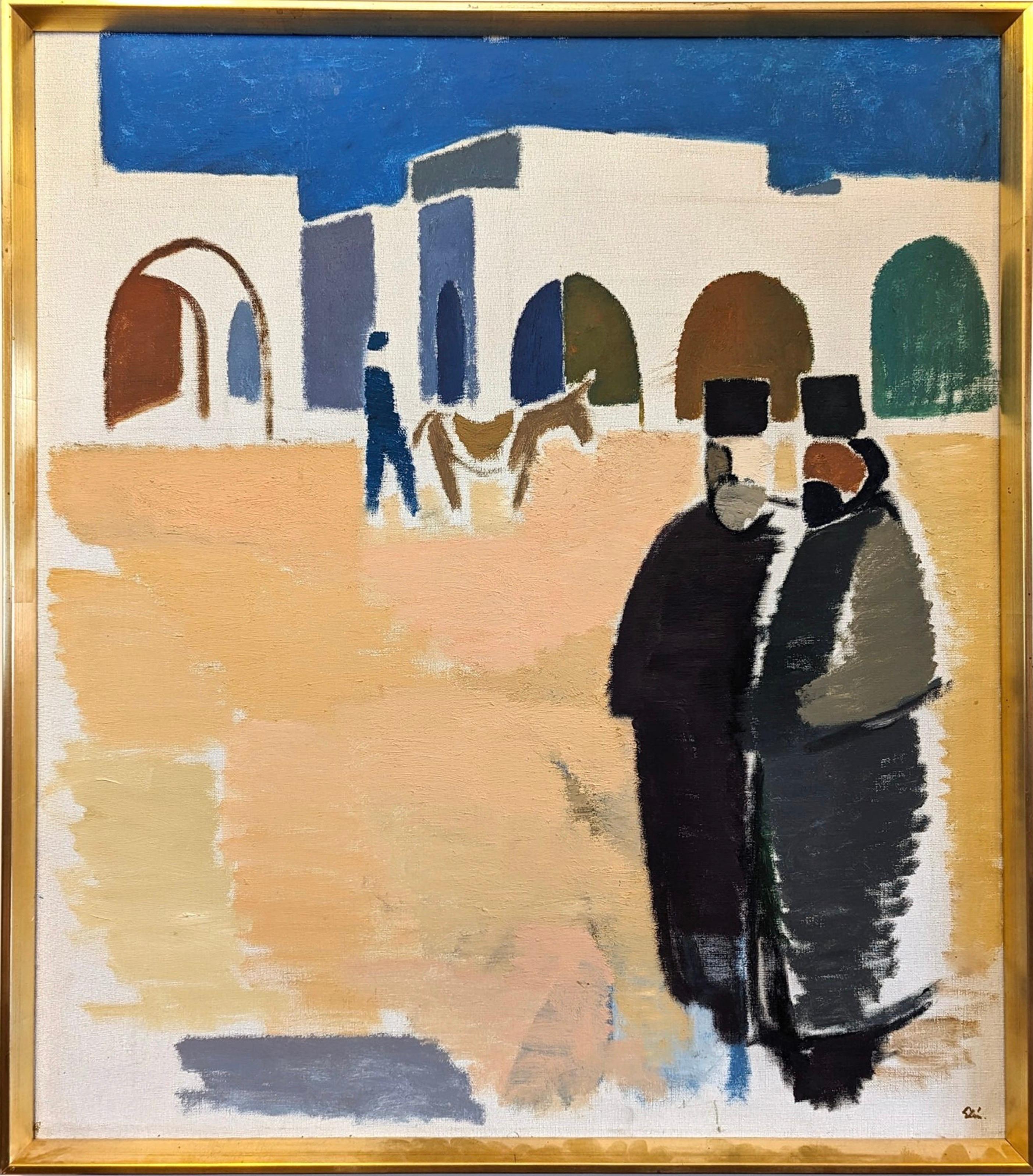 Unknown Figurative Painting - Mid-Century Modernist Street Scene Framed Oil Painting - Priests in Greece