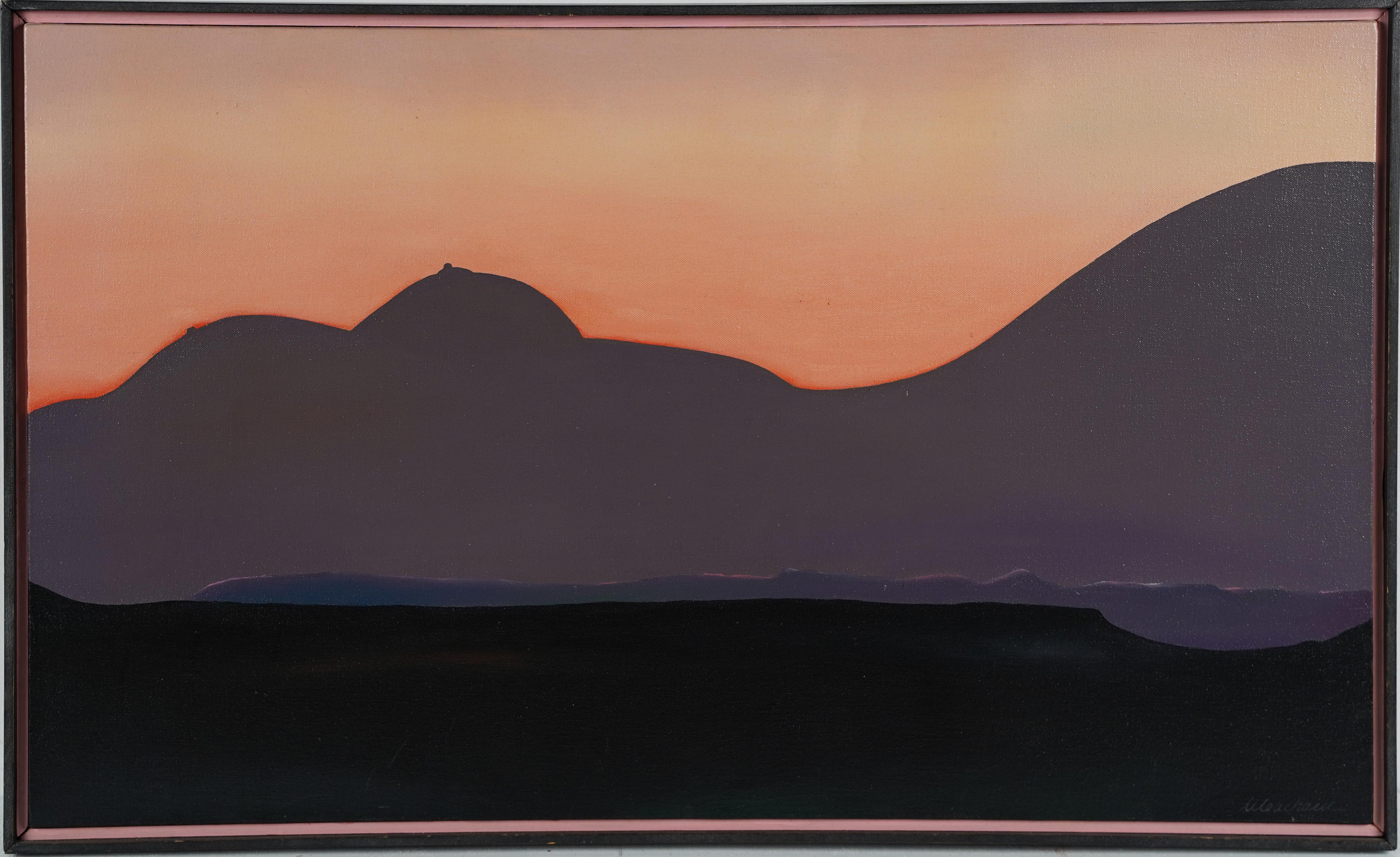 Mid-Century Modernistisches surreales Sonnenuntergang Abstrakte nackte Frau Landschaft Ölgemälde