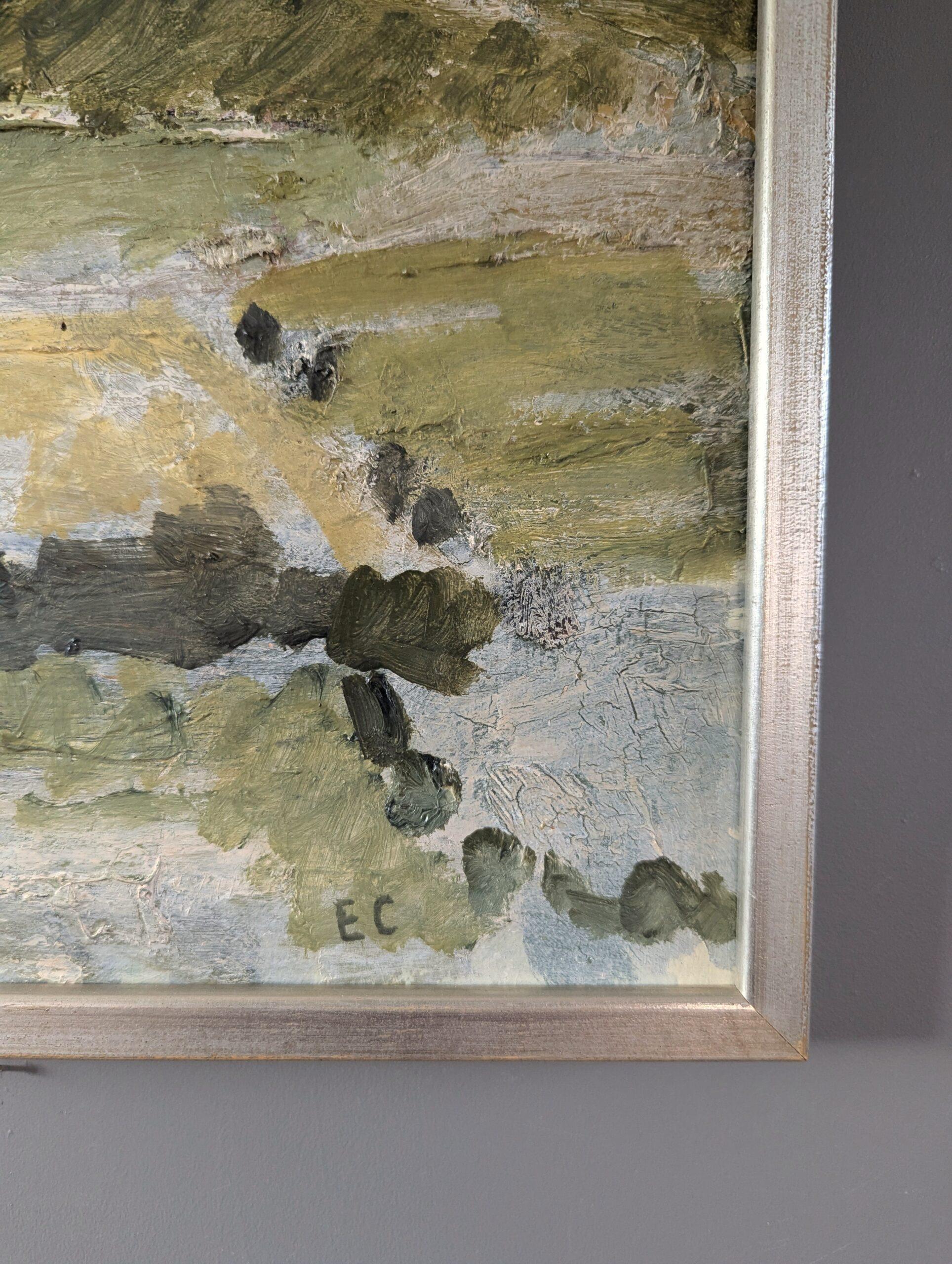 Pittura ad olio di paesaggio astratto svedese della metà del secolo scorso - Roll & Hill 5
