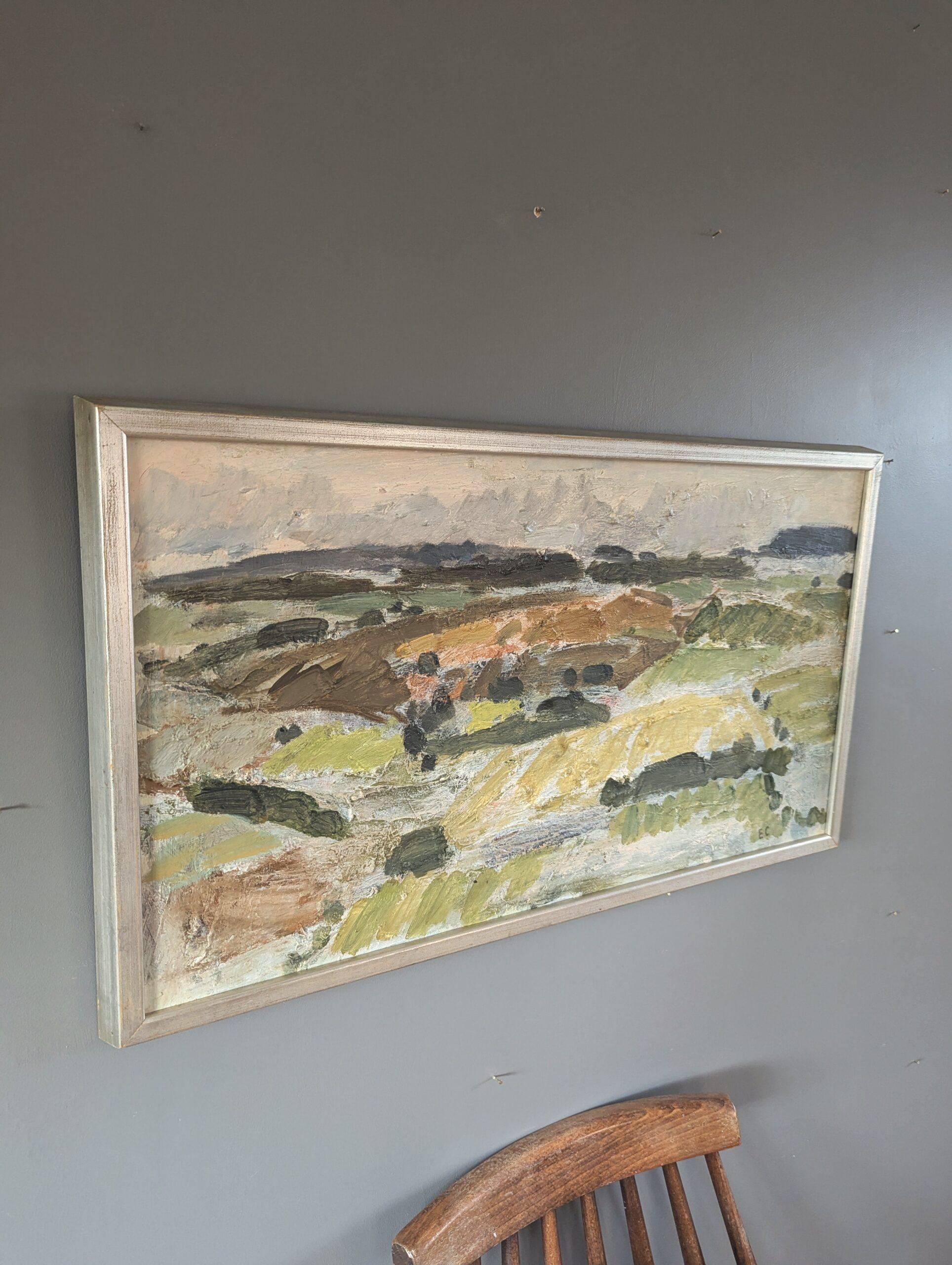 Pittura ad olio di paesaggio astratto svedese della metà del secolo scorso - Roll & Hill - Landscape Painting Marrone di Unknown