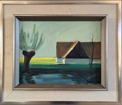 Mid Century Modernist Swedish Original Landscape Oil Painting - Barn at Dawn