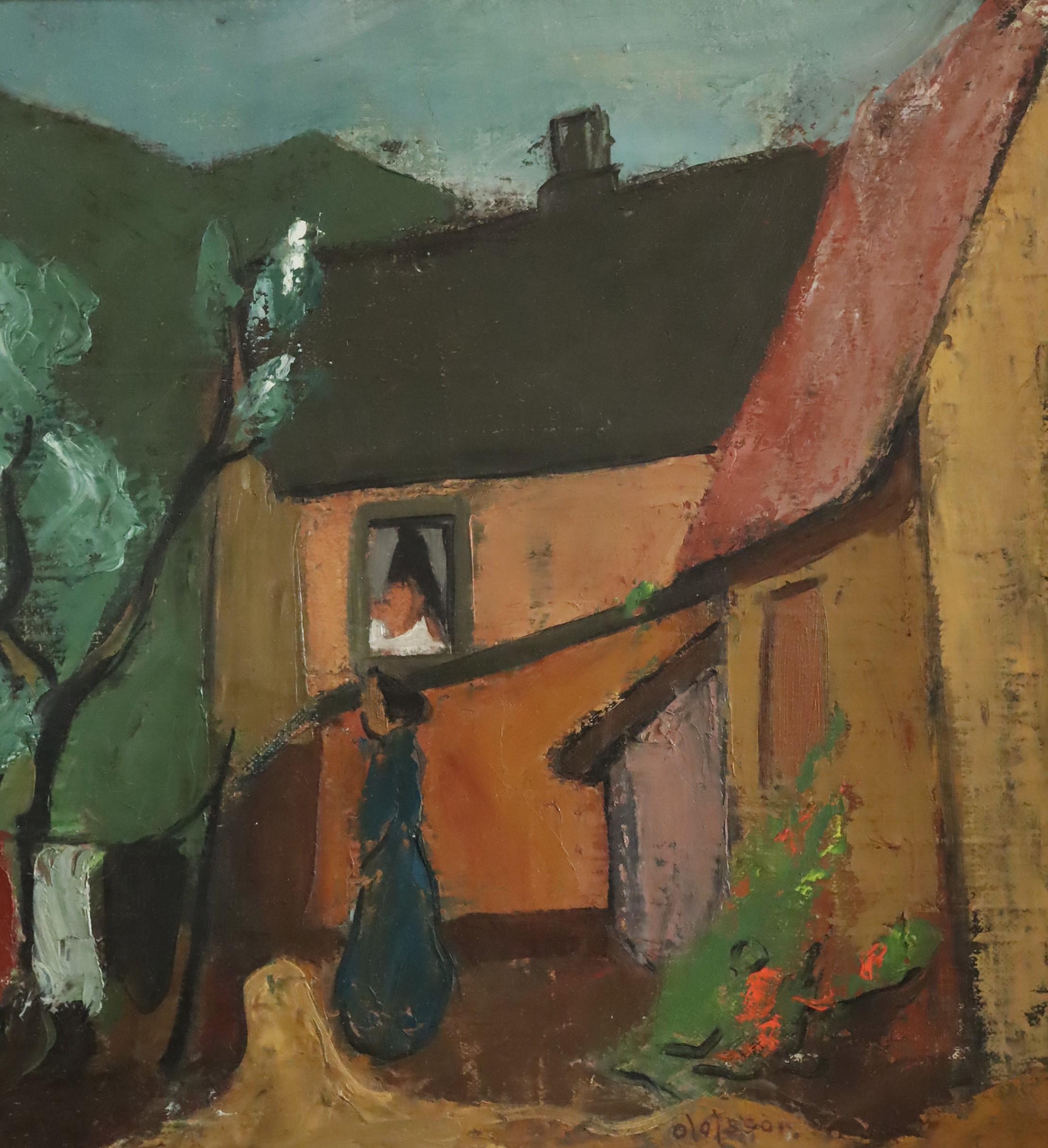Mid Century Modernist Swedish Town Landscape Ölgemälde - Village Courtyard im Angebot 5