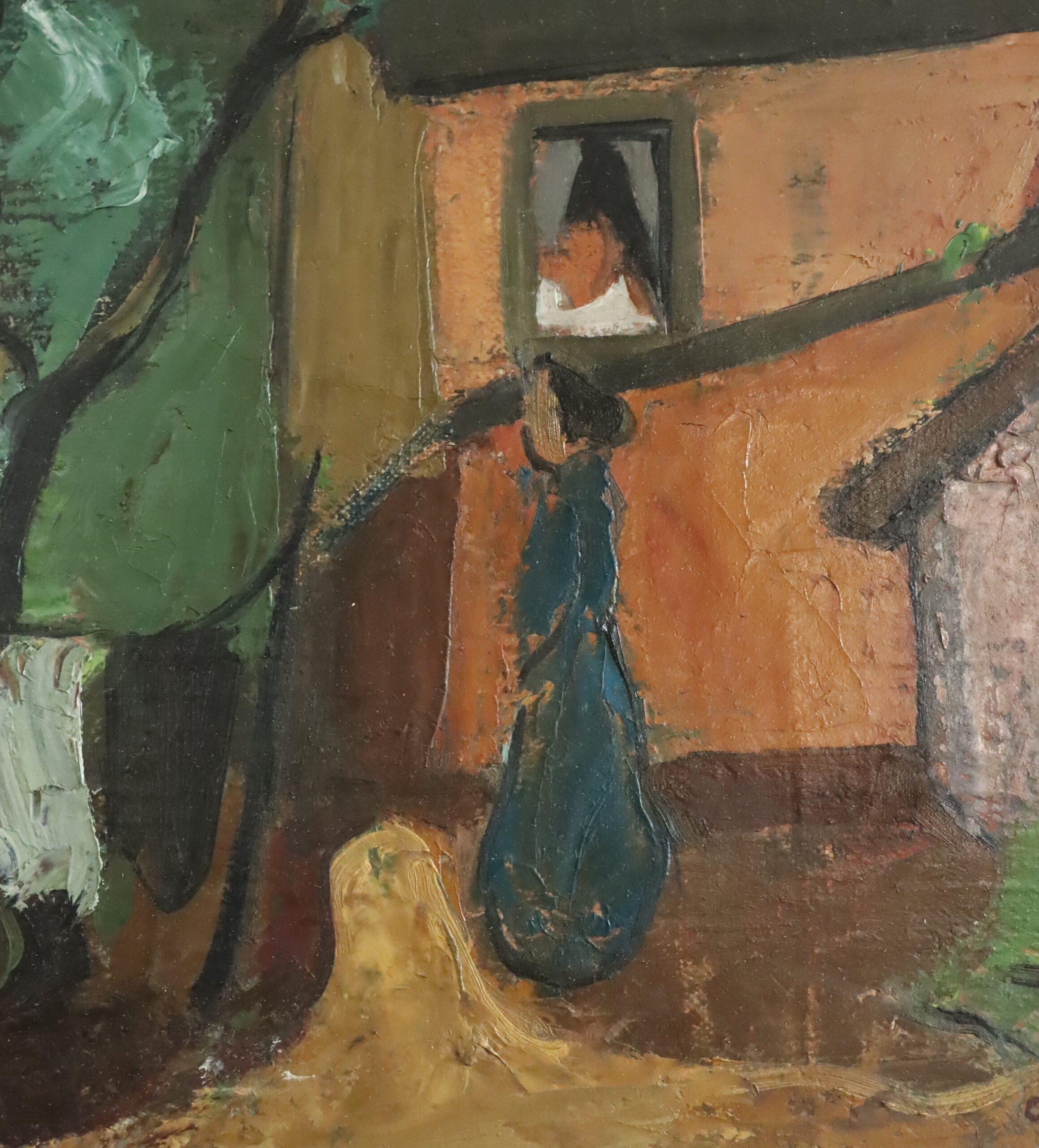 Mid Century Modernist Swedish Town Landscape Ölgemälde - Village Courtyard im Angebot 6
