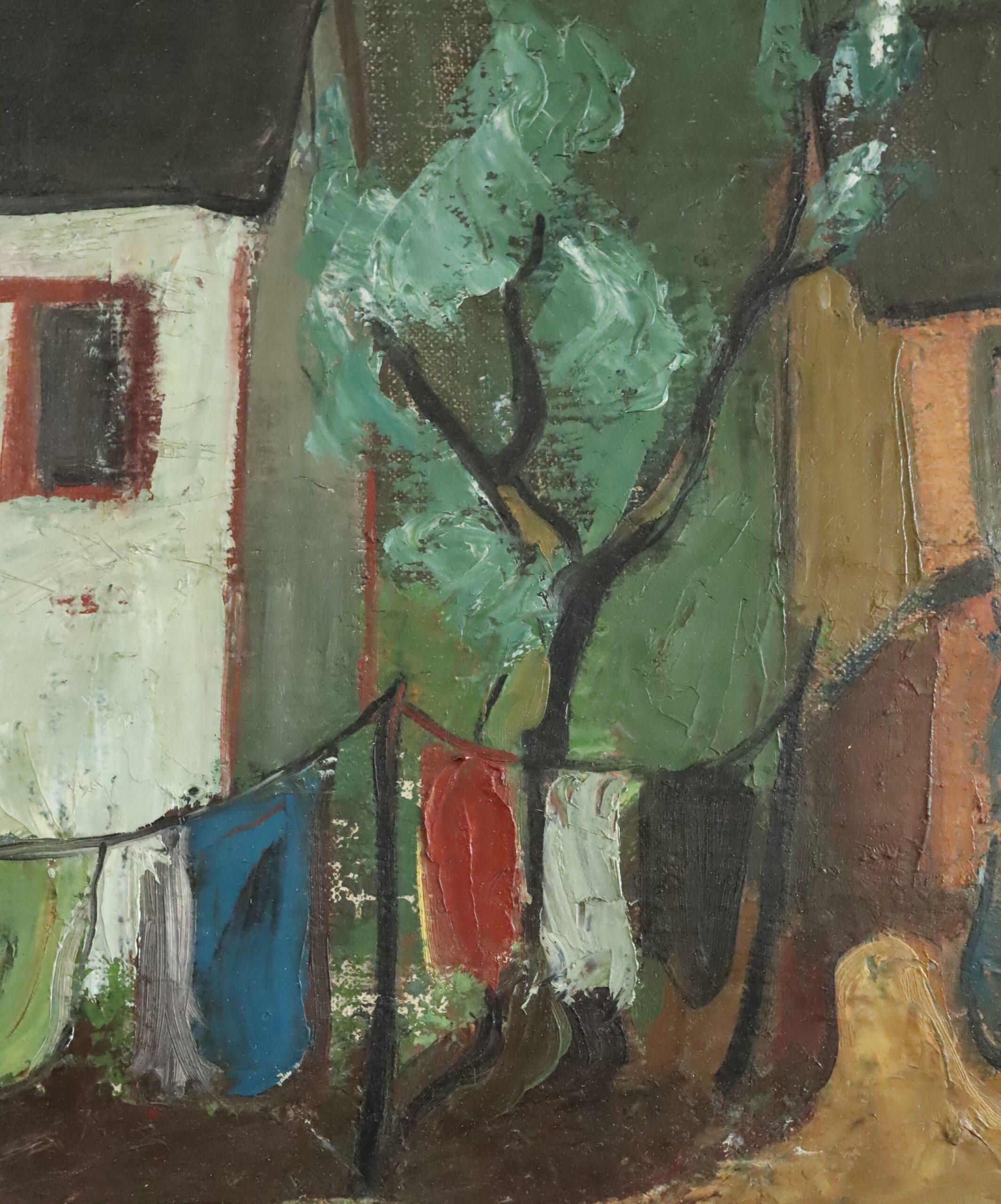 Mid Century Modernist Swedish Town Landscape Ölgemälde - Village Courtyard im Angebot 7