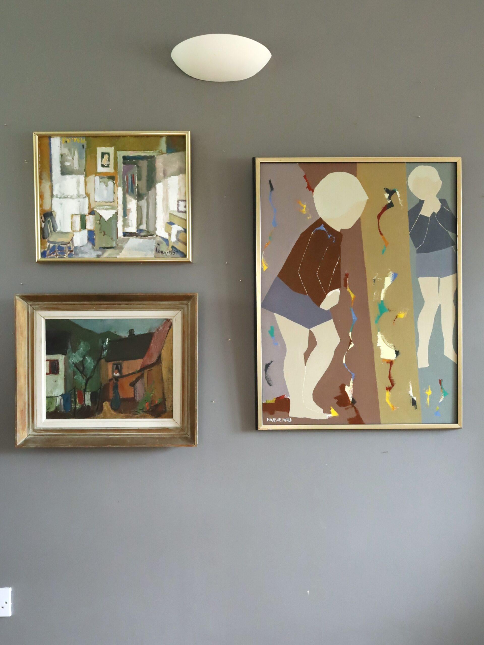 Mid Century Modernist Swedish Town Landscape Ölgemälde - Village Courtyard im Angebot 9