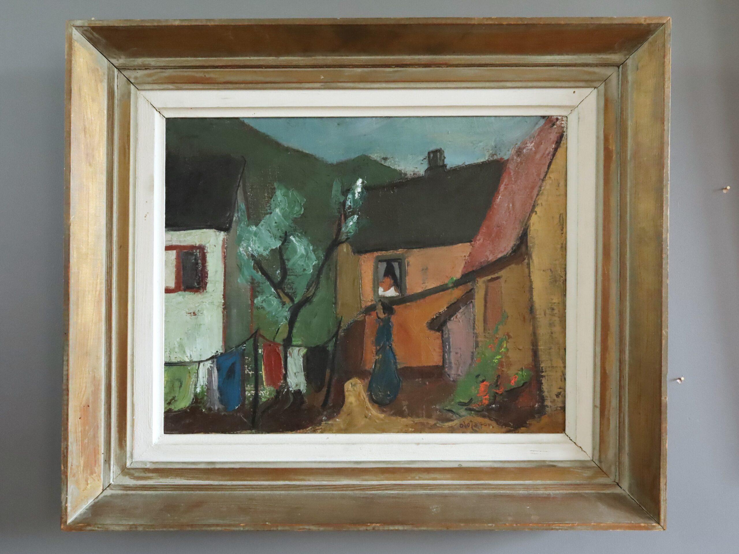 Mid Century Modernist Swedish Town Landscape Ölgemälde - Village Courtyard – Painting von Unknown