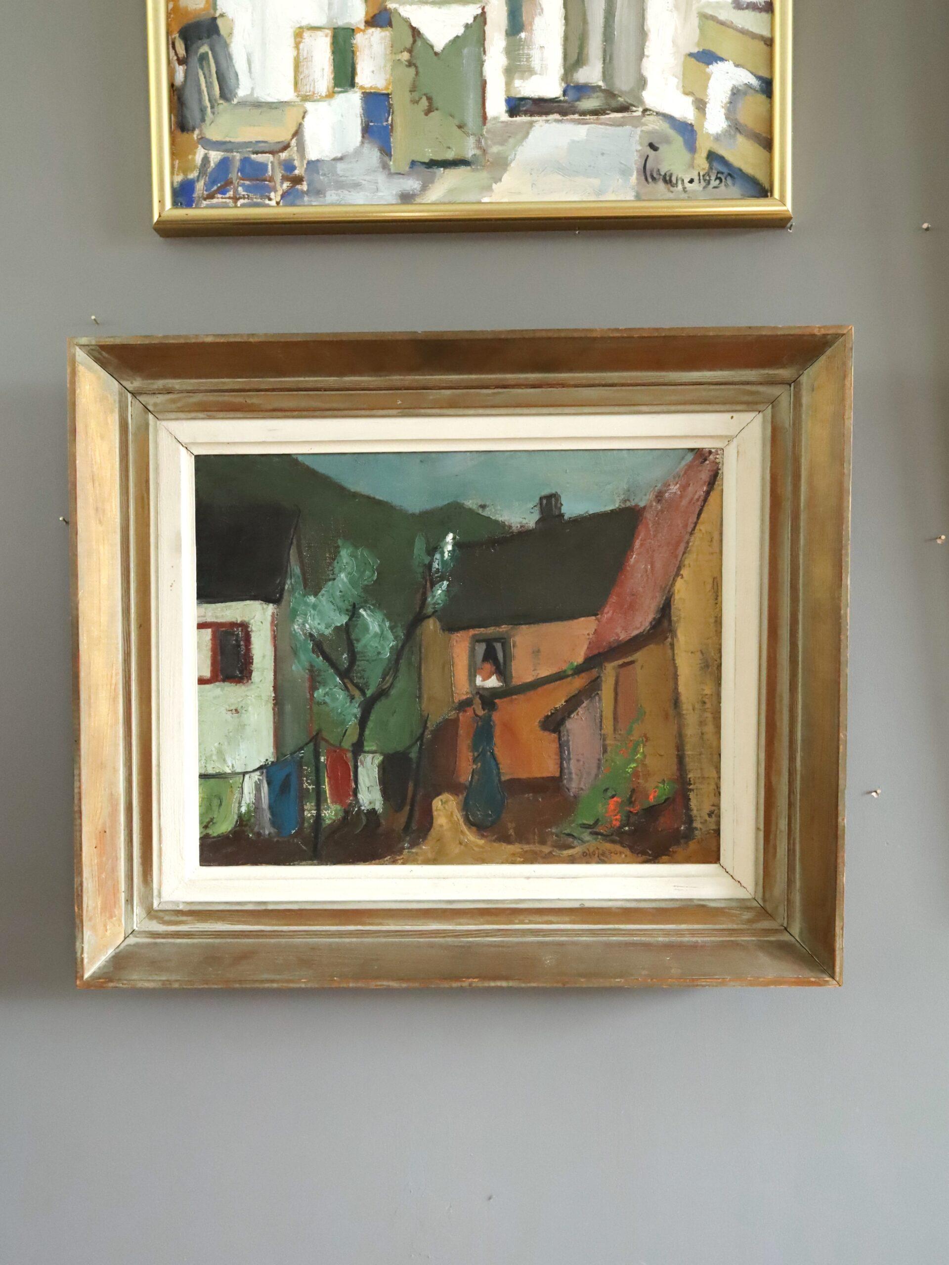 Mid Century Modernist Swedish Town Landscape Ölgemälde - Village Courtyard (Moderne), Painting, von Unknown