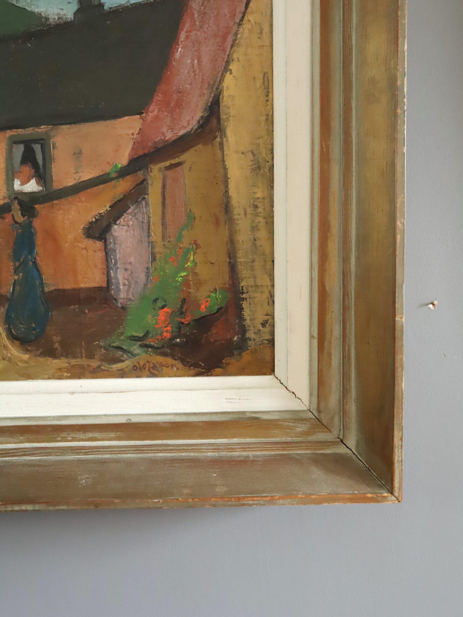 Mid Century Modernist Swedish Town Landscape Ölgemälde - Village Courtyard im Angebot 2