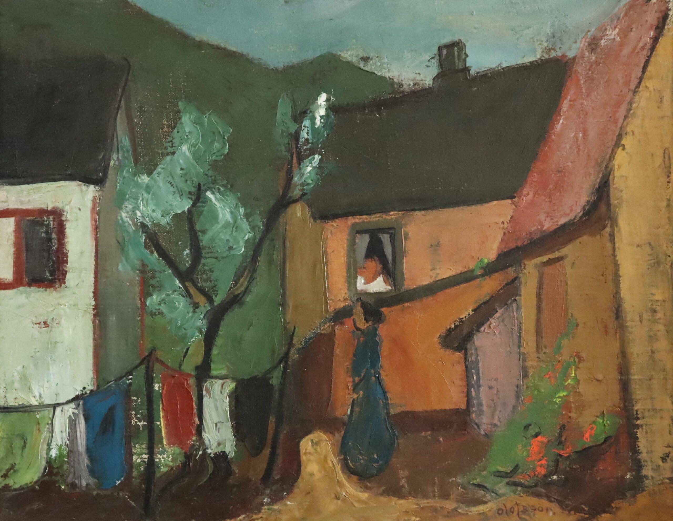Mid Century Modernist Swedish Town Landscape Ölgemälde - Village Courtyard im Angebot 3