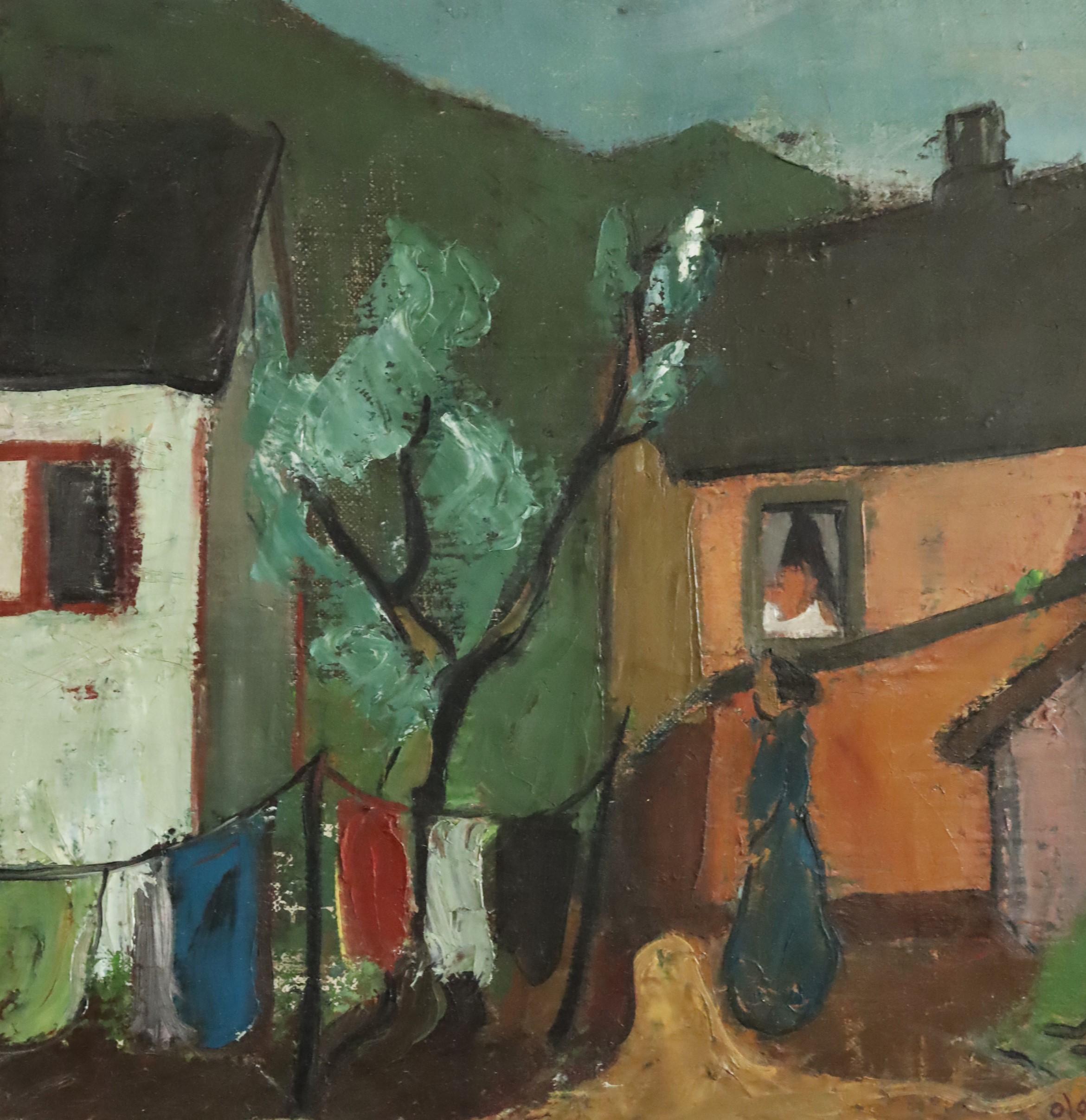Mid Century Modernist Swedish Town Landscape Ölgemälde - Village Courtyard im Angebot 4