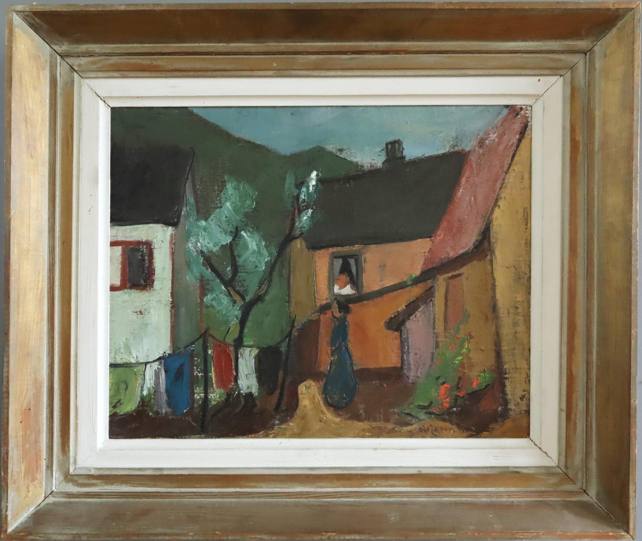 Unknown Landscape Painting – Mid Century Modernist Swedish Town Landscape Ölgemälde - Village Courtyard