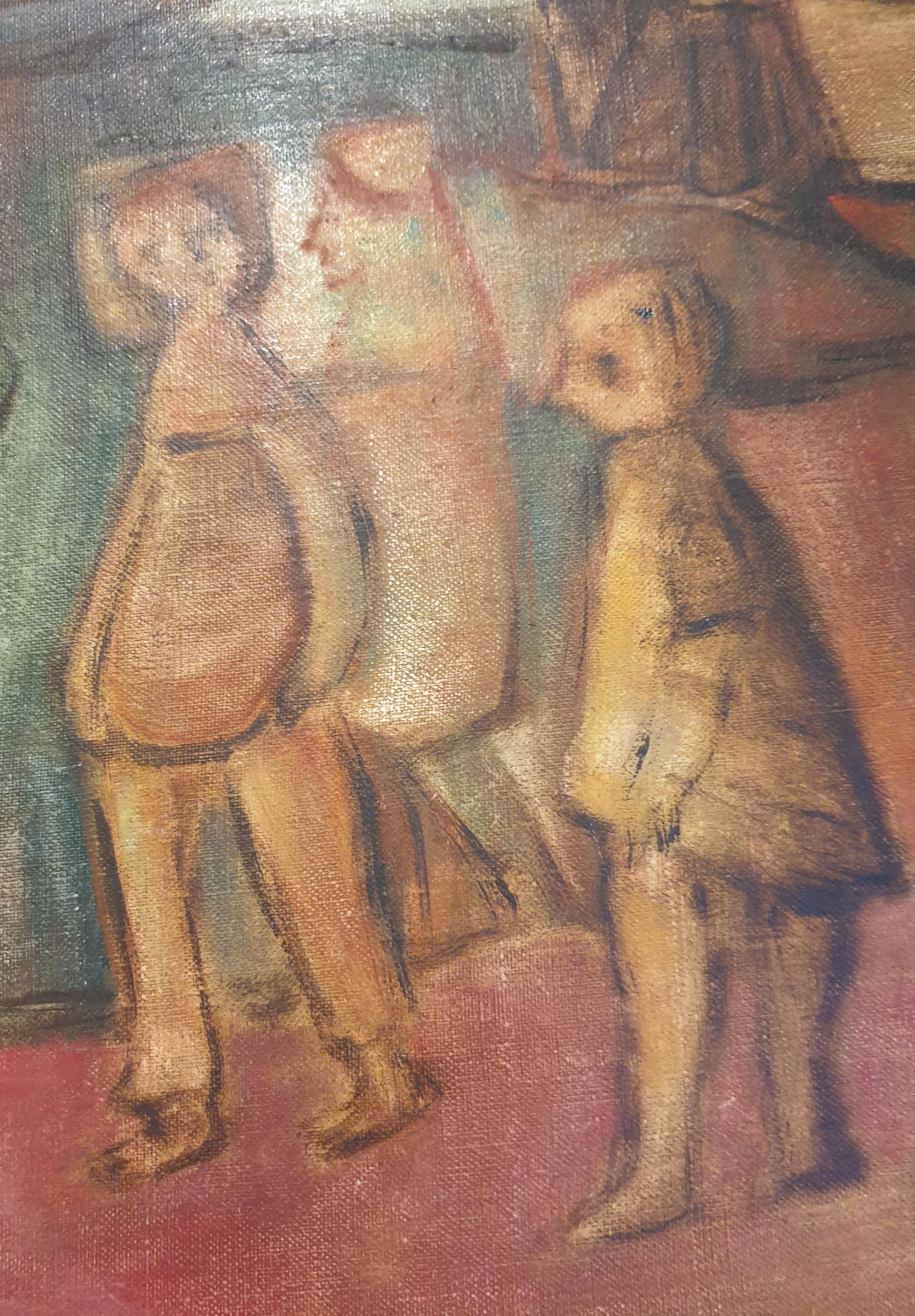 Mid-Century Öl auf Leinwand. Hafenszene. Abschied von den Fischern. (Moderne), Painting, von Unknown