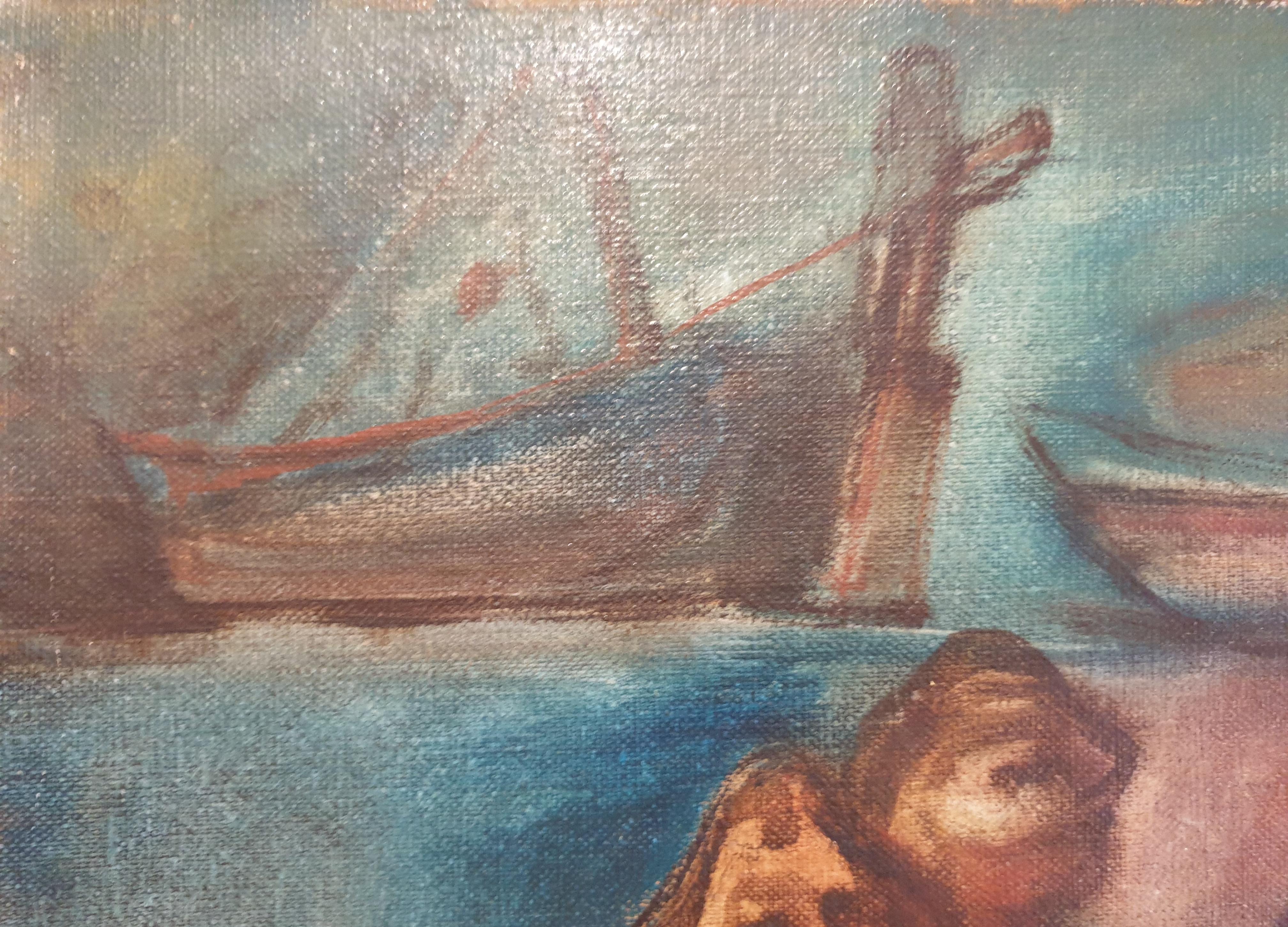 Mid-Century Öl auf Leinwand. Hafenszene. Abschied von den Fischern. (Braun), Figurative Painting, von Unknown