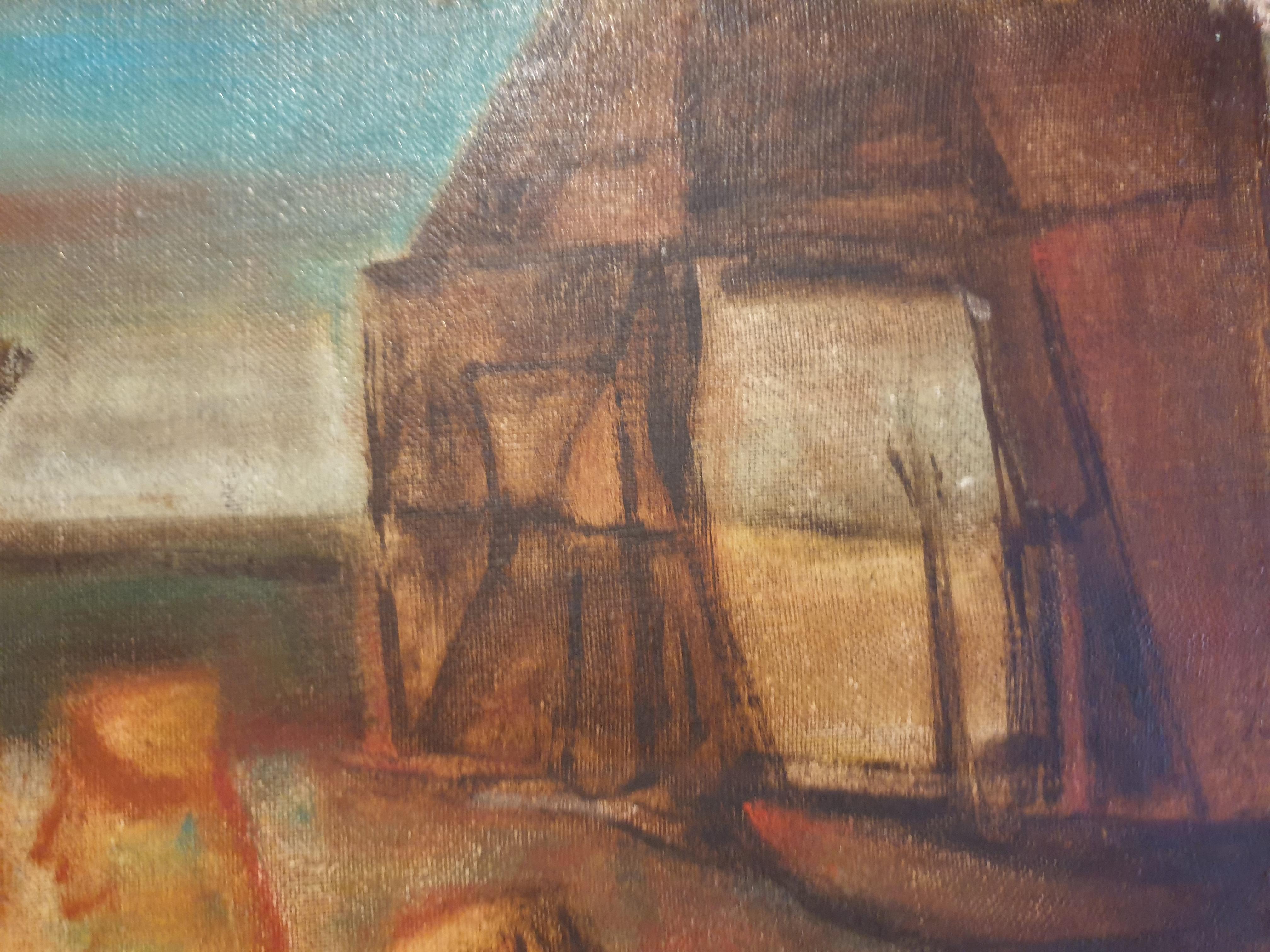 Mid 20th century oil on canvas of a crowded harbour scene, showing the local fisherman or sailors saying farewell to their families before going to sea. The painting is signed bottom right but the artist remains as yet unidentified.

A colourful yet