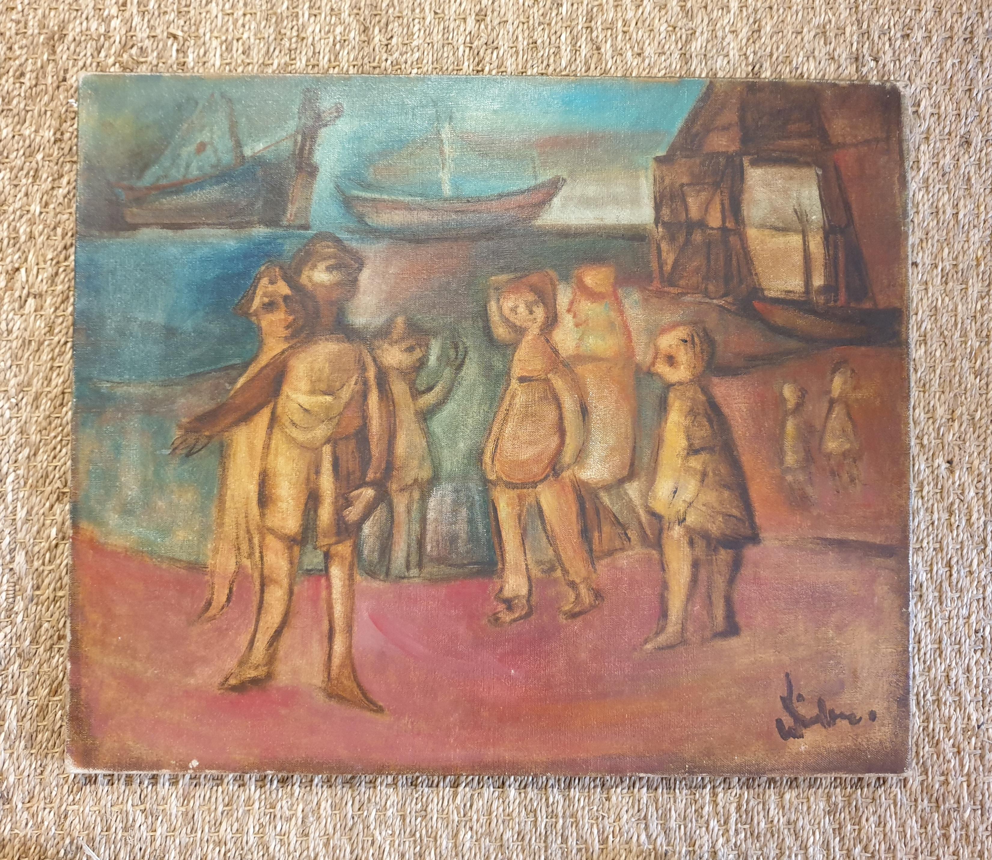 Mid-Century Oil on Canvas. Harbour scene. Farewell to the Fishermen. For Sale 2