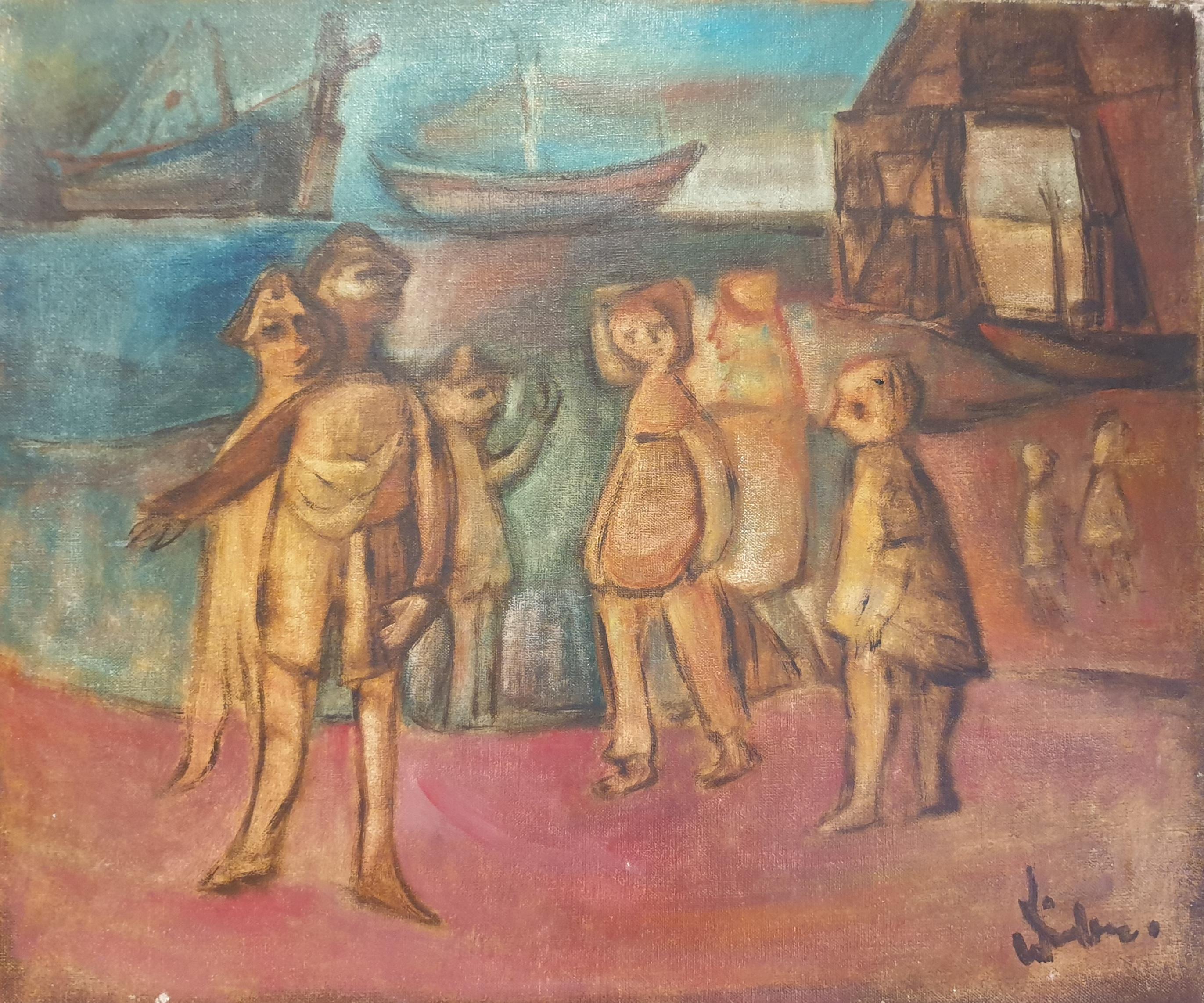 Mid-Century Oil on Canvas. Harbour scene. Farewell to the Fishermen.