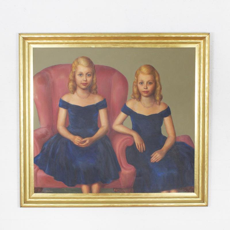 Unknown Portrait Painting - Mid Century Oil Painting of Twins