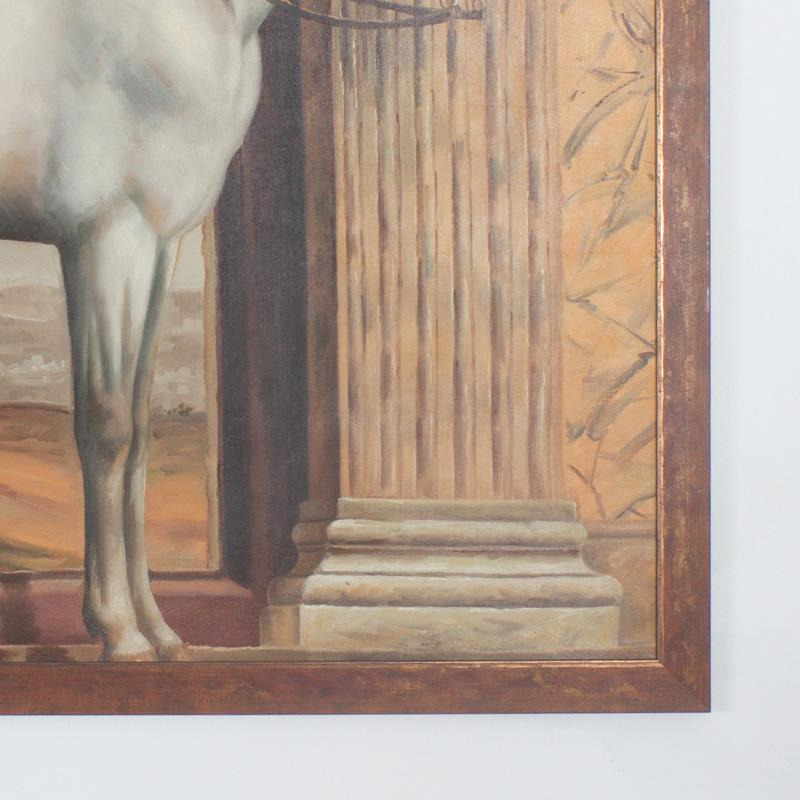 Mid Century Oil Painting on Canvas of a White Horse  1